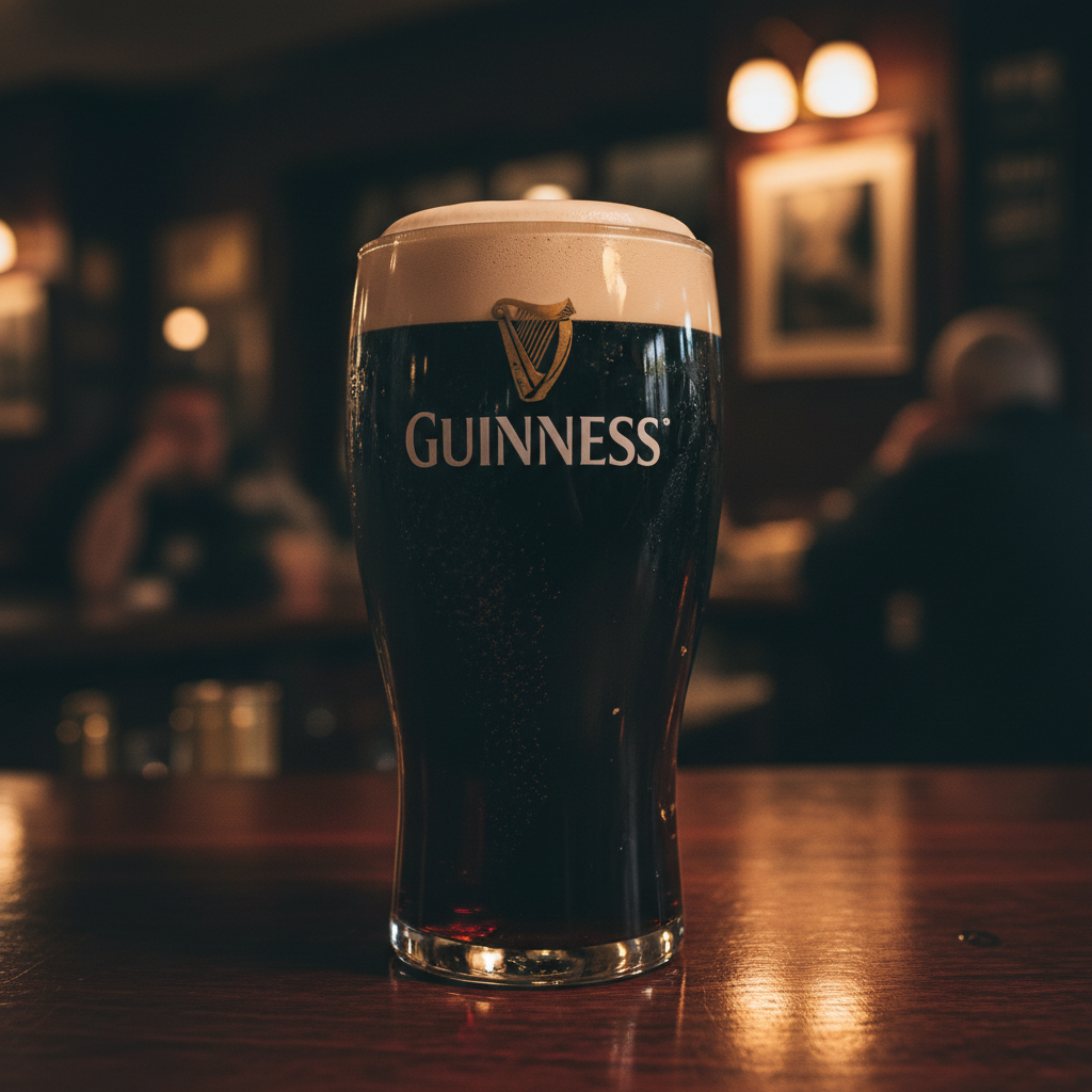 Guinness — Iconic black stout, creamy white head, and the "surge and settle" effect of a proper pour.