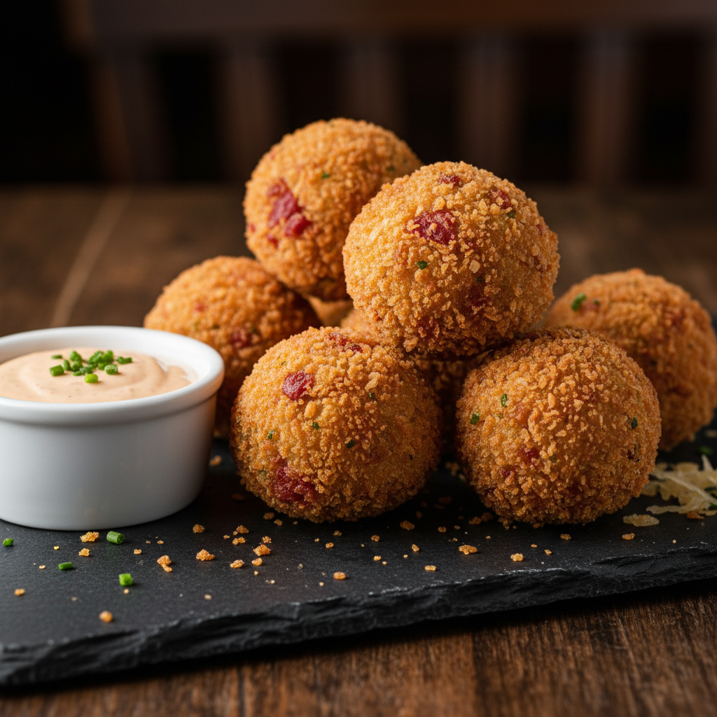 Corned Beef & Kraut Bites — Crispy round bites packed with corned beef and sauerkraut, served with Russian dressing.
