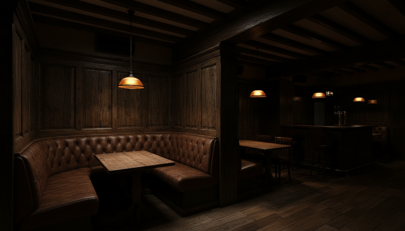 Wide view of the atmospheric interior of The Emerald Hearth, dark wood panels and warm amber pendant lights