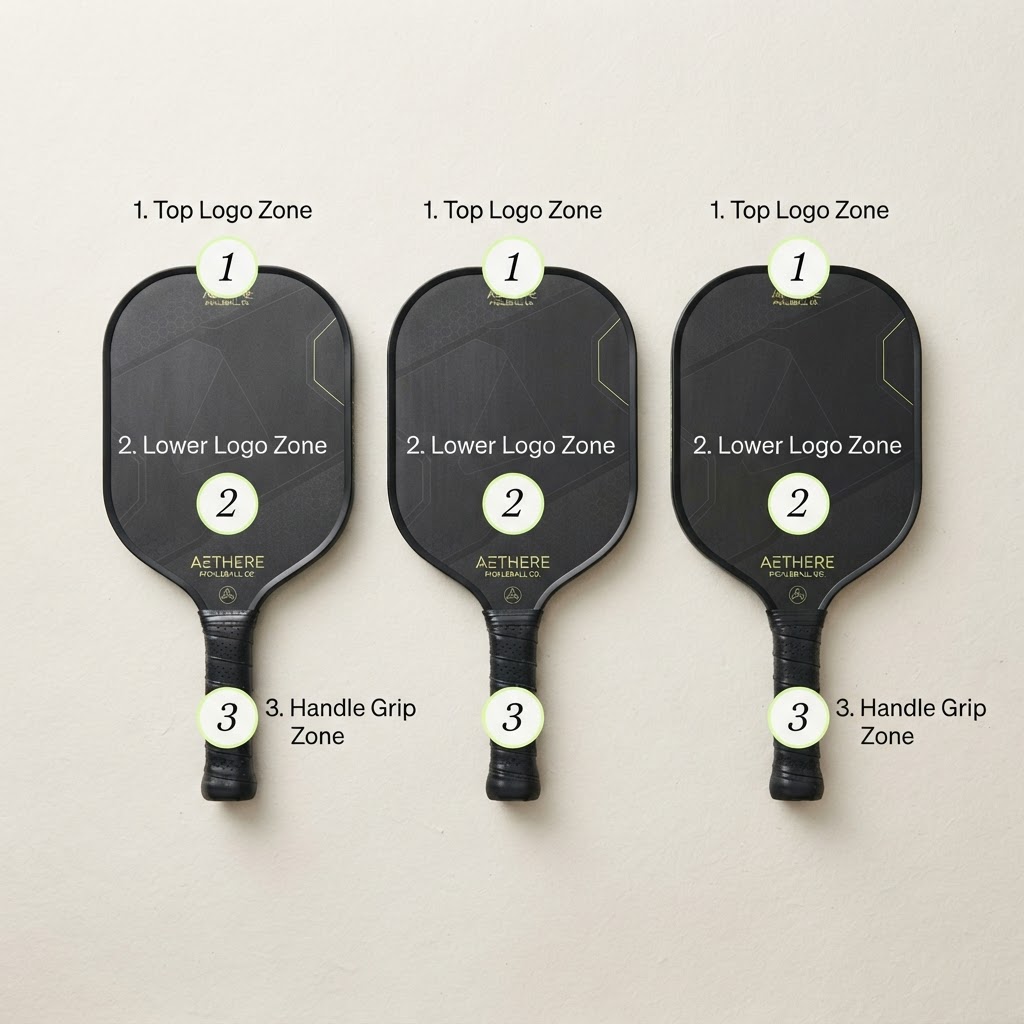 Pickleball racquets with numbered logo placement zones