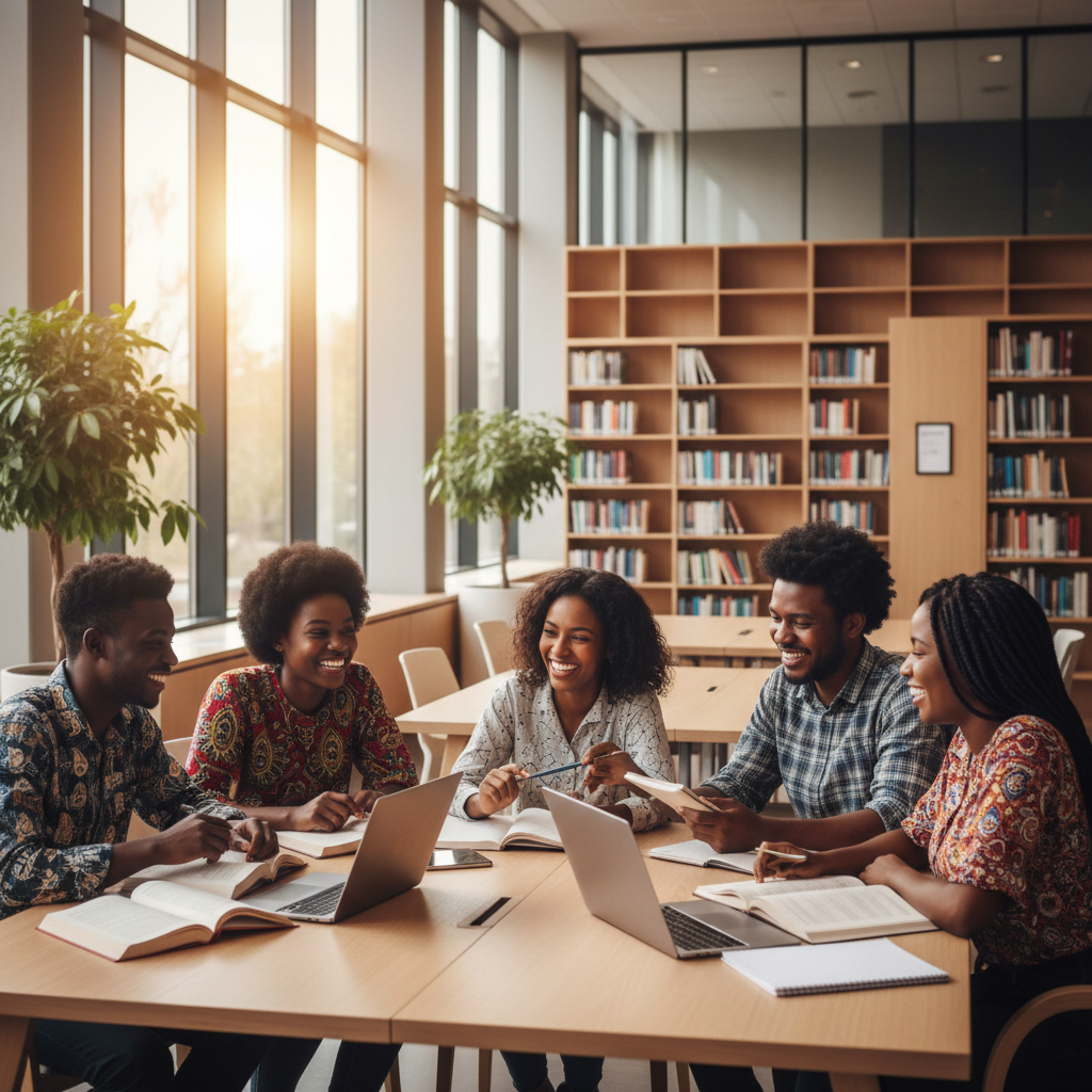 Happy African students celebrating success abroad