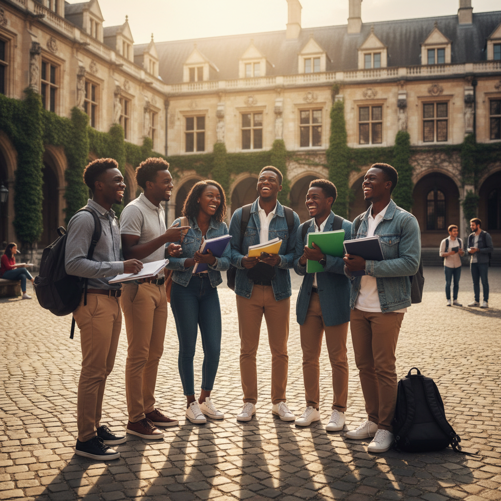 Happy African students studying and living abroad in an international university environment