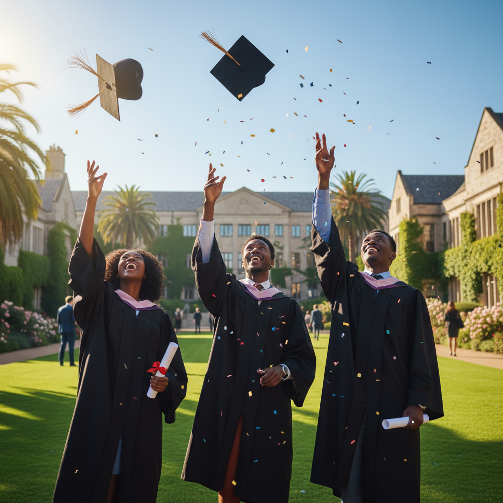 African graduate celebrating success at a prestigious university abroad