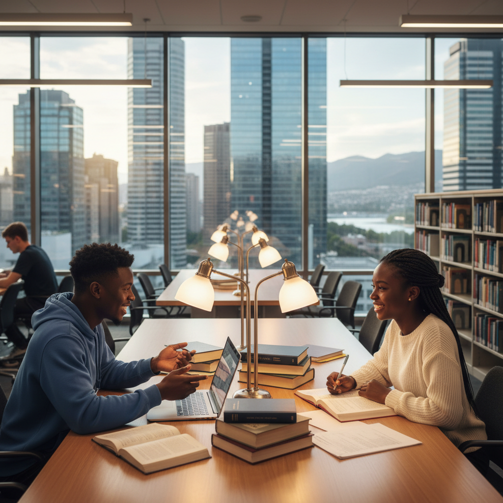 African students studying together in a modern university library abroad