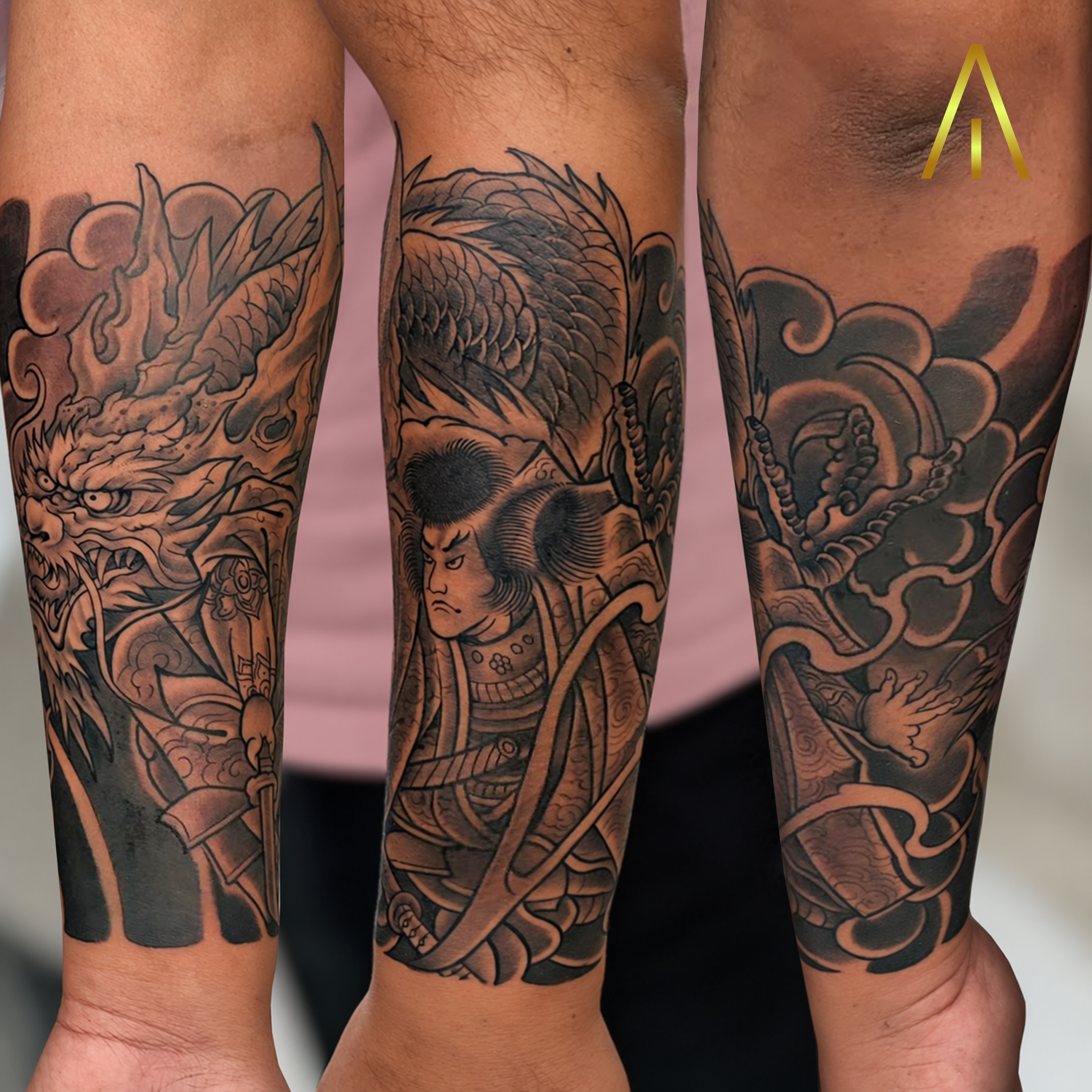 Jean Japanese dragon warrior and claw sleeve tattoo Chiang Mai