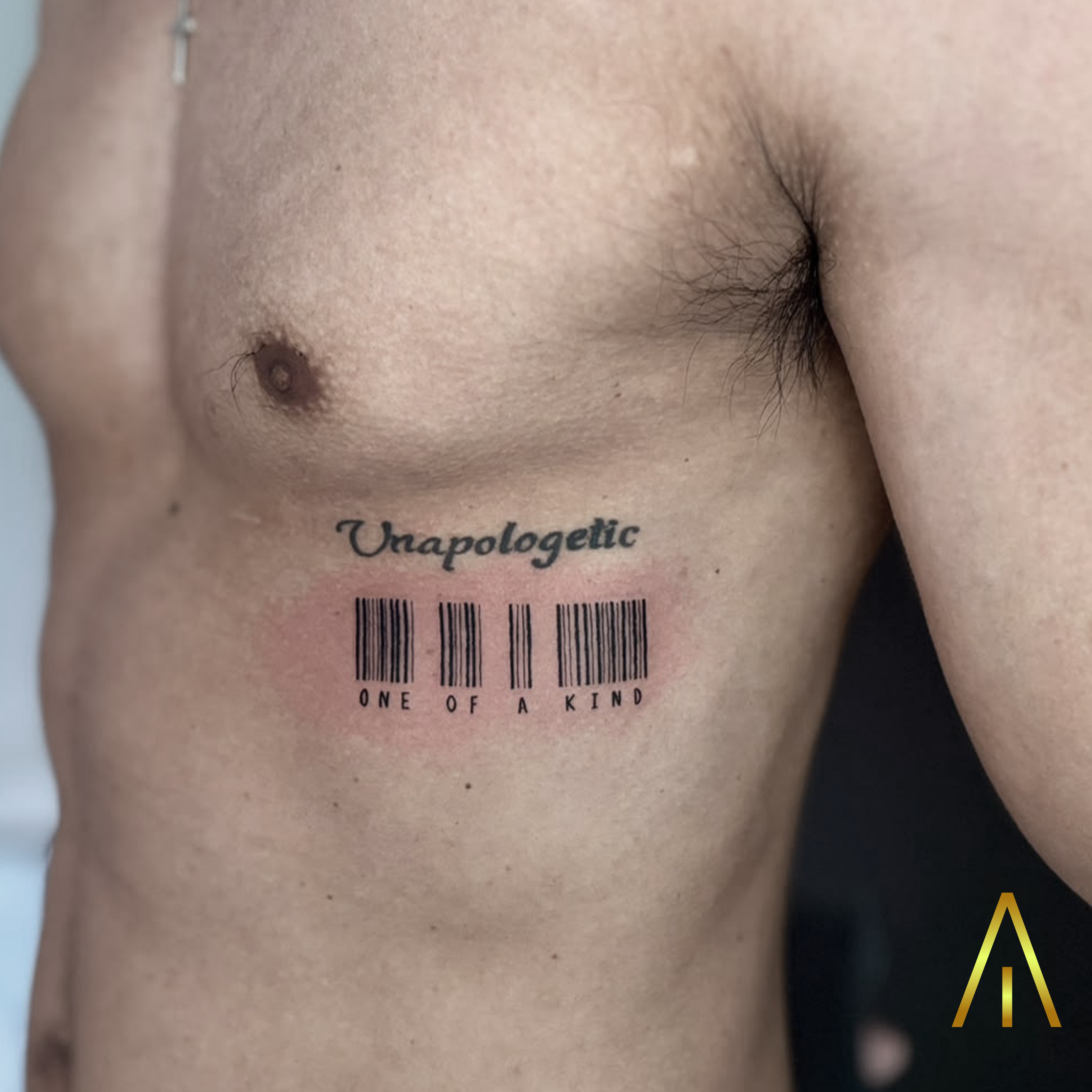 Katie fine line barcode unapologetic ribcage tattoo Chiang Mai