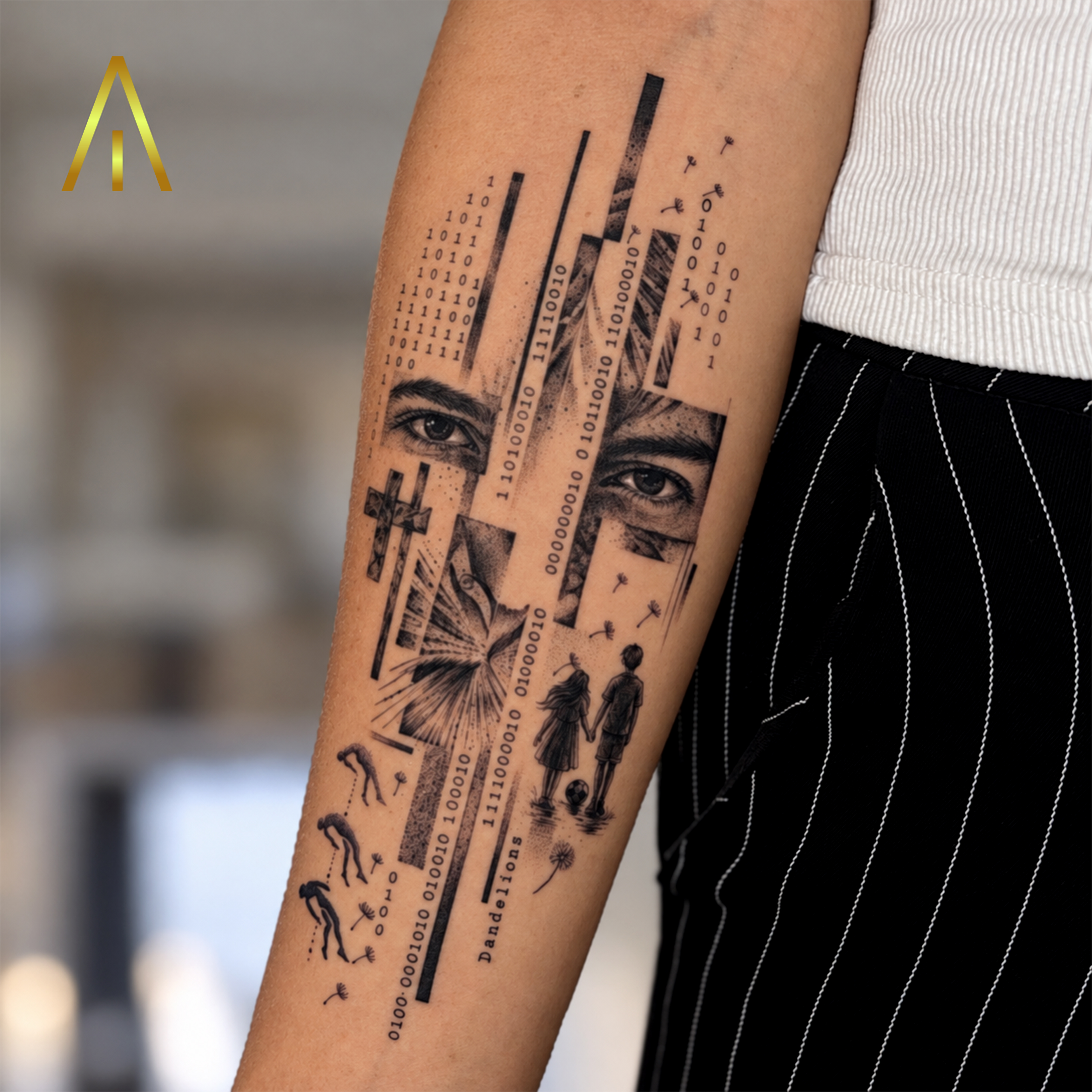 Miaa micro realistic eyes with binary code forearm tattoo Chiang Mai