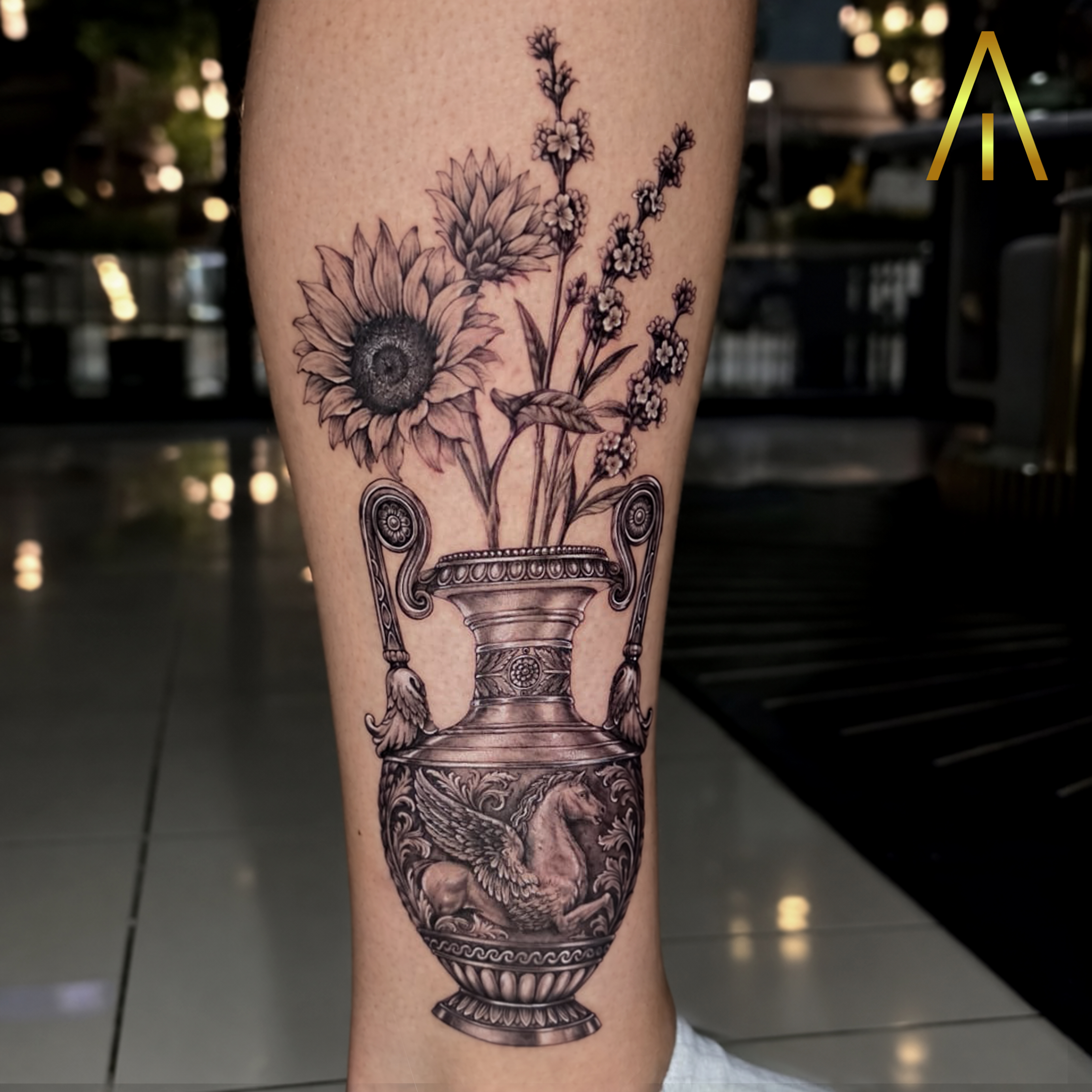 Miaa realistic Pegasus vase and flowers calf tattoo Chiang Mai