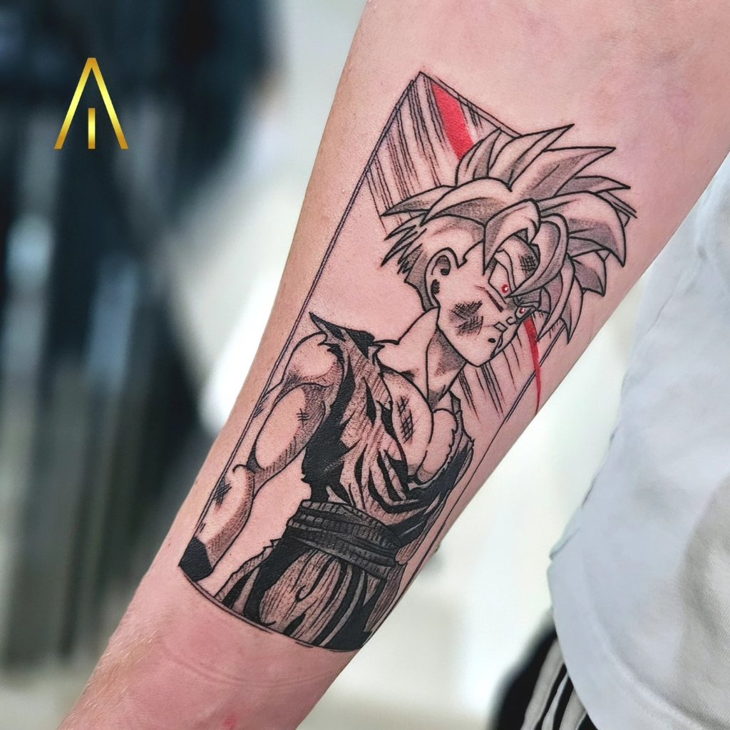 Anime tattoo Dragon Ball Goku on forearm Artisan Ink Chiang Mai