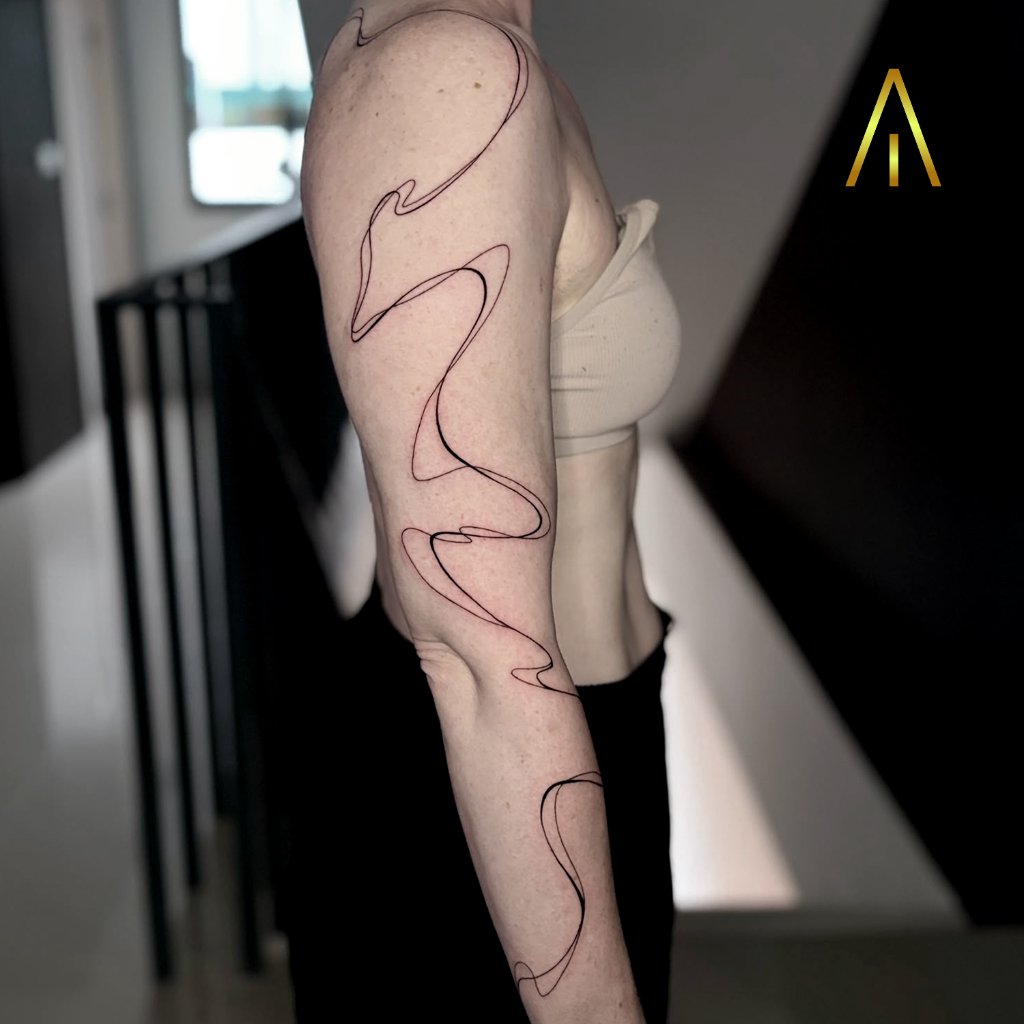 Fine line abstract flowing lines arm tattoo Chiang Mai