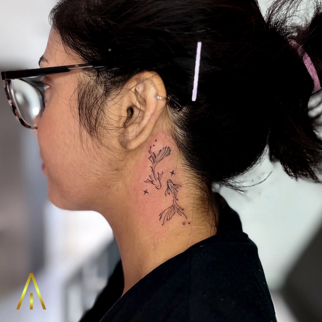 Fine line koi fish and stars neck tattoo Chiang Mai