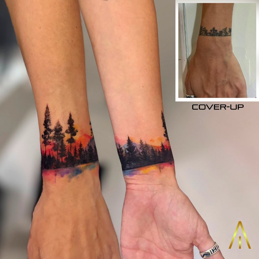 Coverup forest landscape sunset tattoo on wrist Chiang Mai