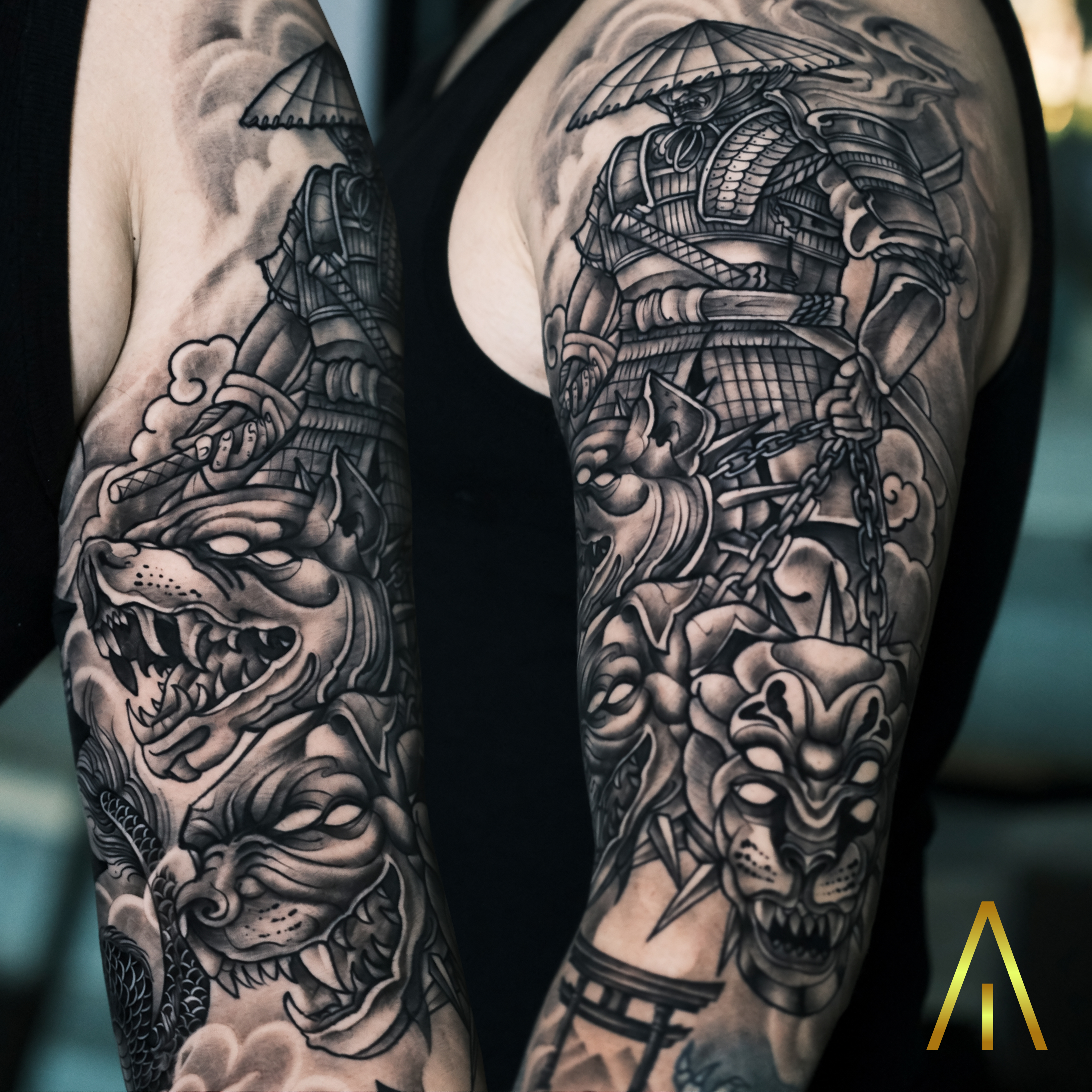Jean black and grey samurai warrior upper arm tattoo Chiang Mai