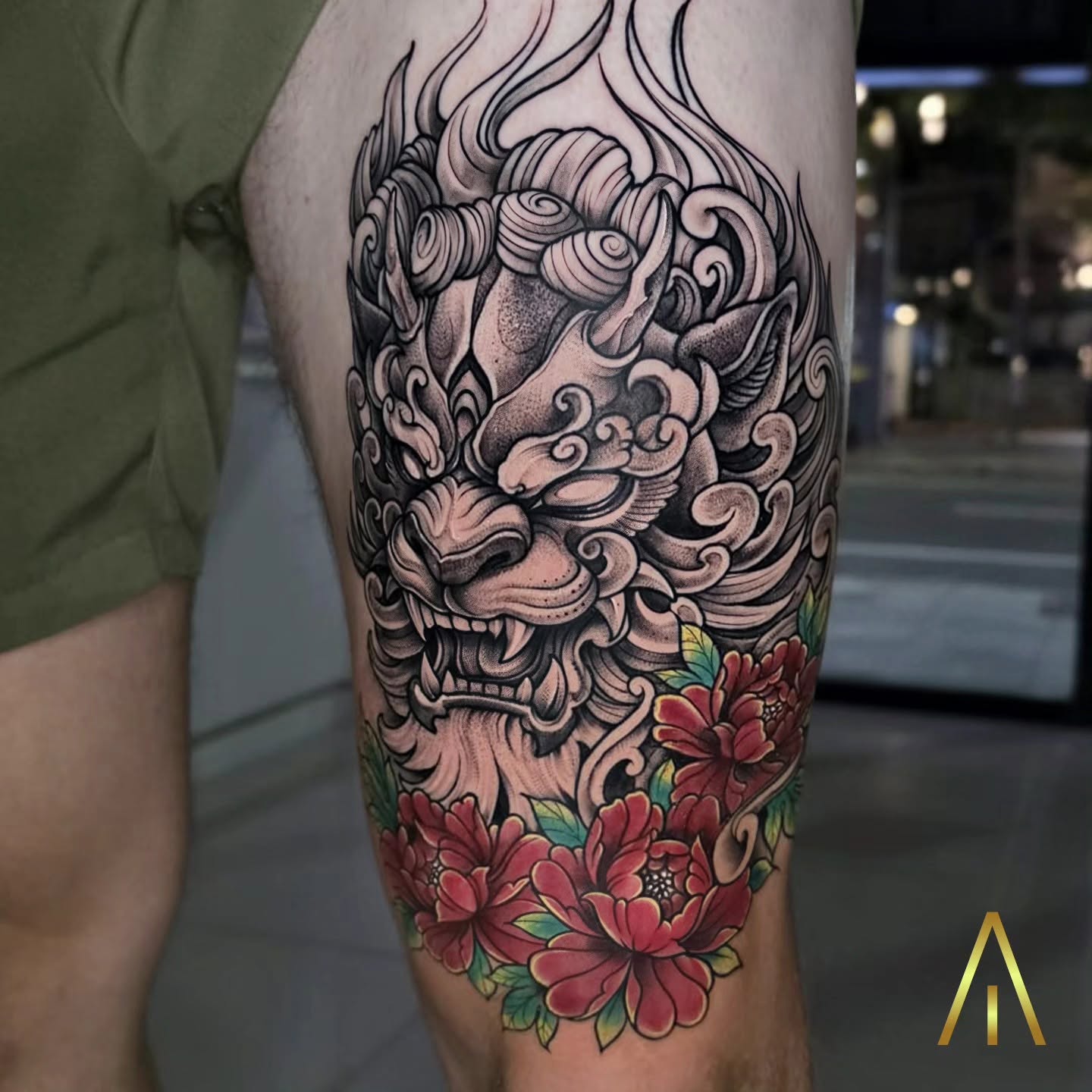 Jean Japanese Foo Dog guardian lion peony thigh tattoo Chiang Mai