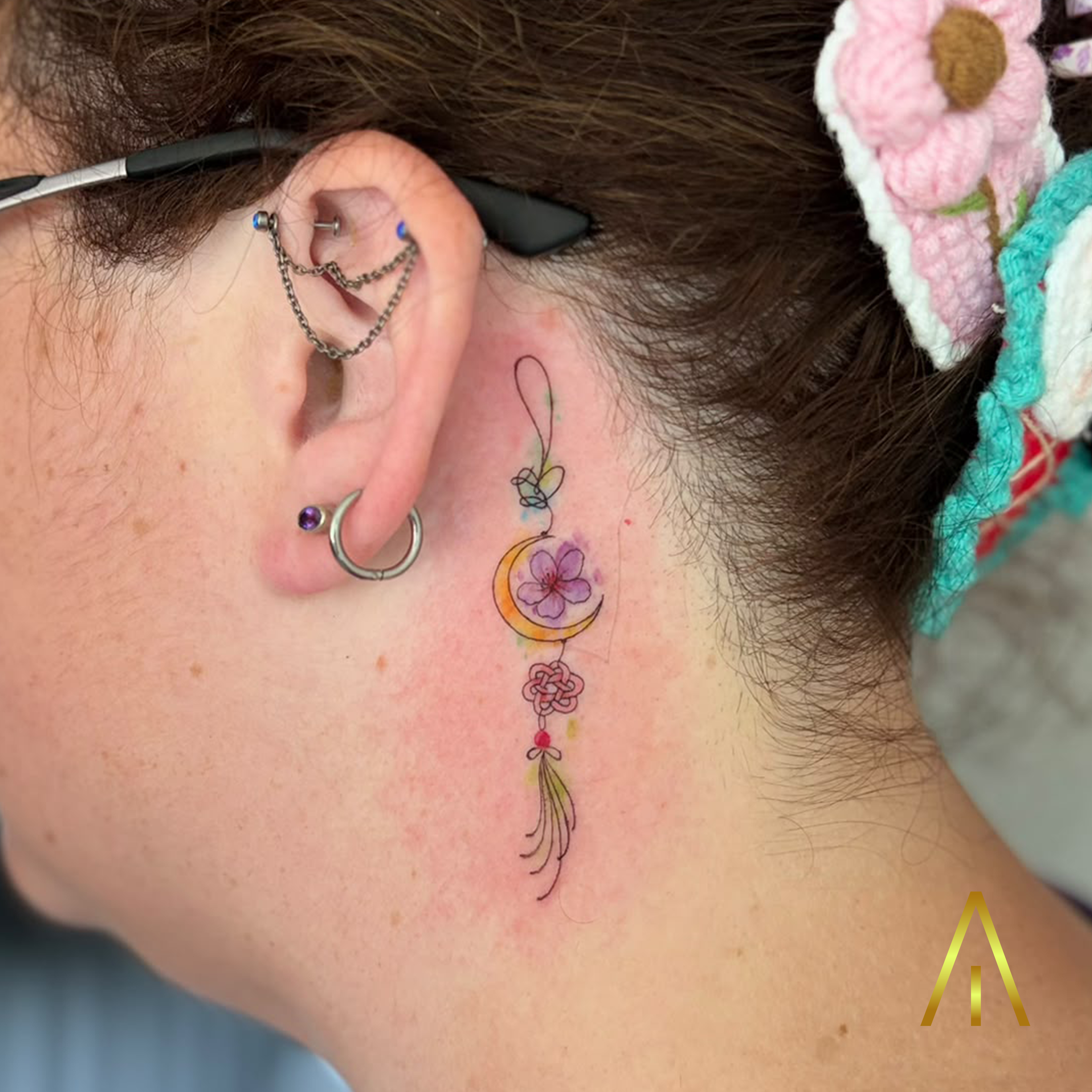 Miaa crescent moon flower and tassel watercolor colour behind ear tattoo Chiang Mai