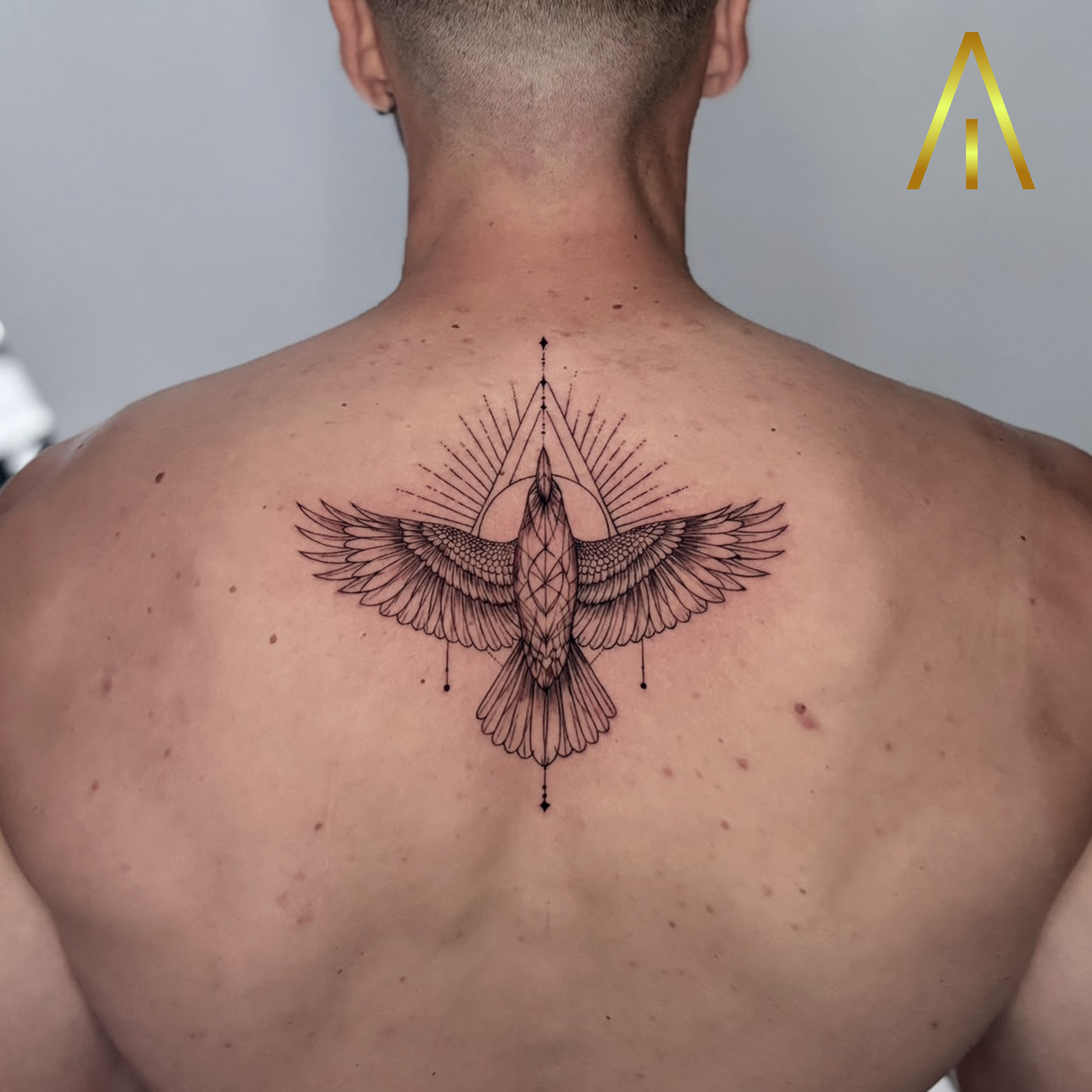 Mimi fine line bird in flight back tattoo Chiang Mai