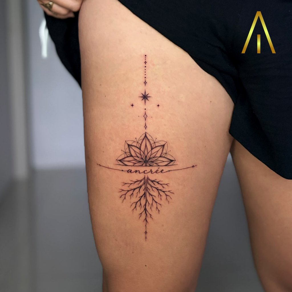 Fine line mandala flower with ancrée script tattoo on thigh Chiang Mai
