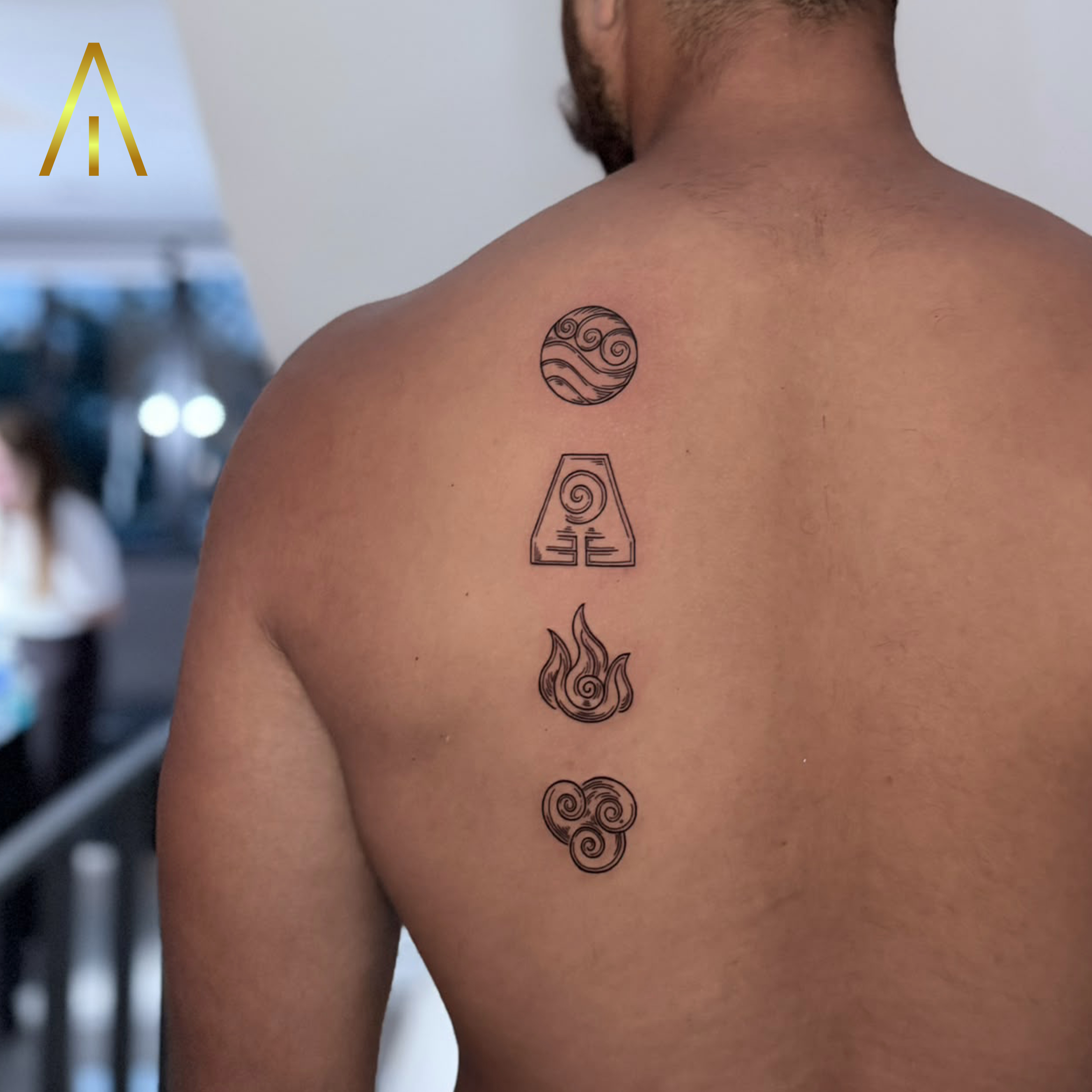 Mimi four elements geometric symbols upper back tattoo Chiang Mai