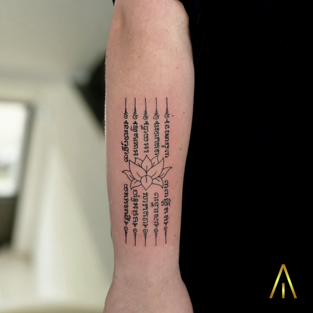 Sak Yant lotus and sacred script tattoo on the forearm by Taely, Artisan Ink Chiang Mai