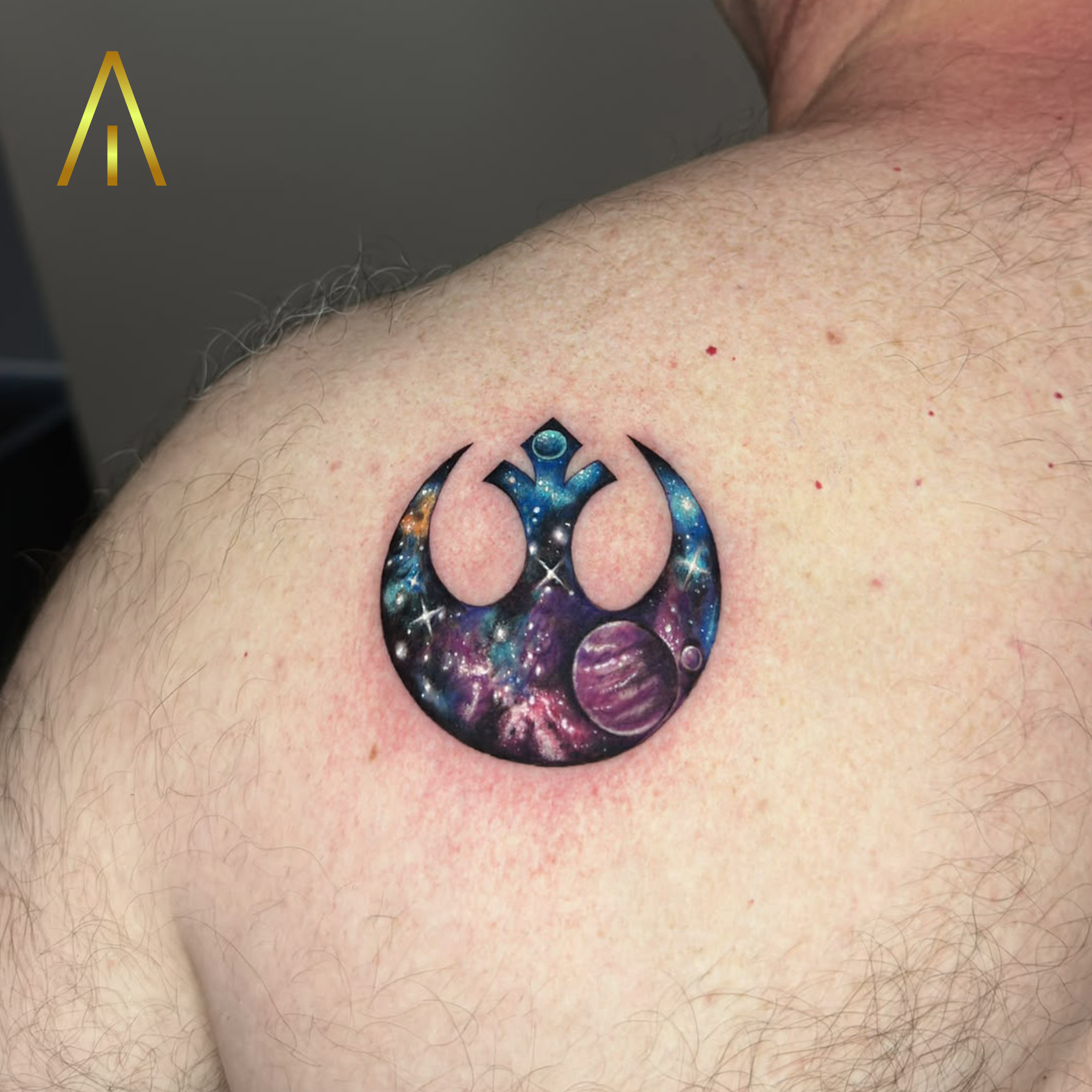 Miaa Rebel Alliance starbird galaxy space colour upper back tattoo Chiang Mai