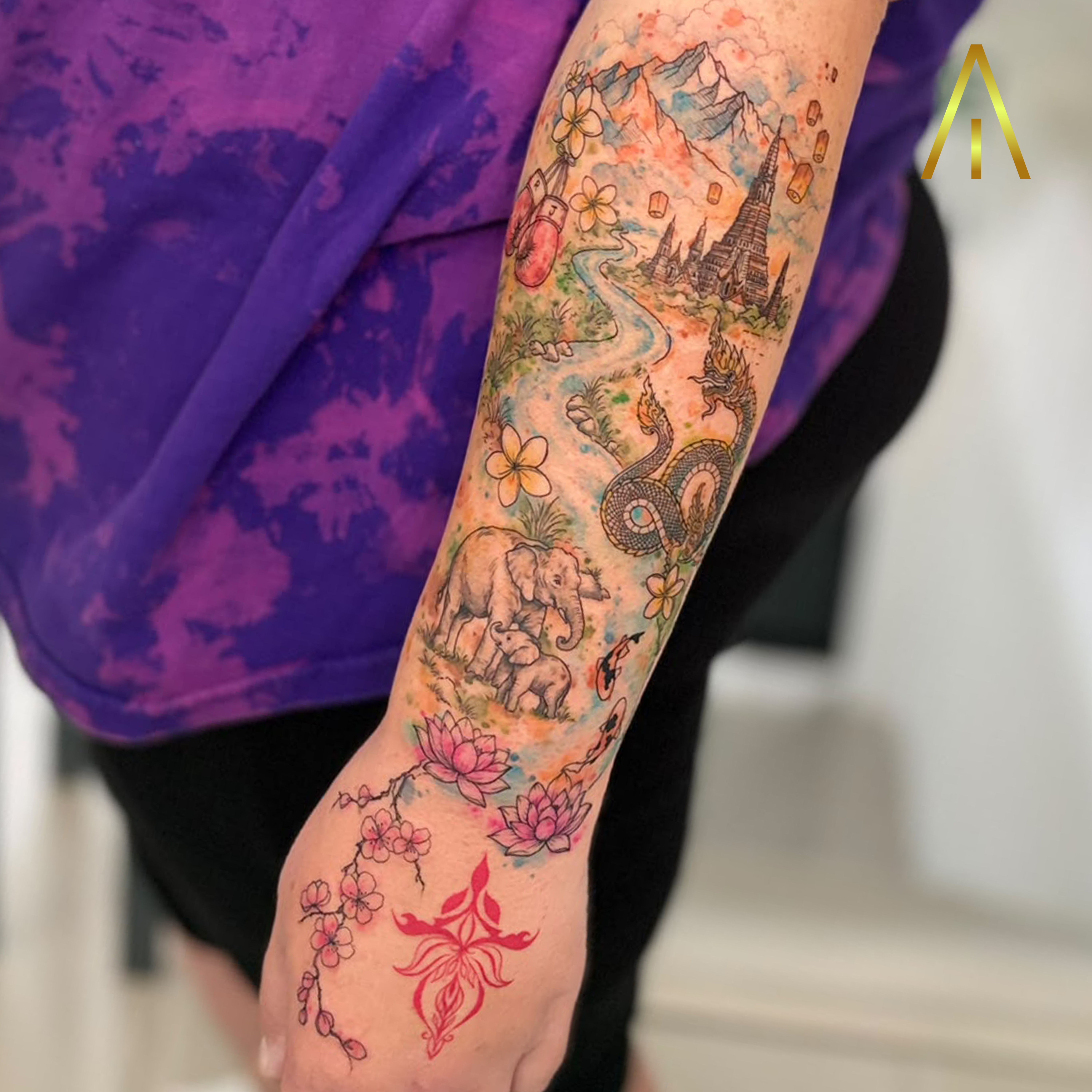 Miaa Thai temple Naga elephant watercolor colour sleeve tattoo Chiang Mai