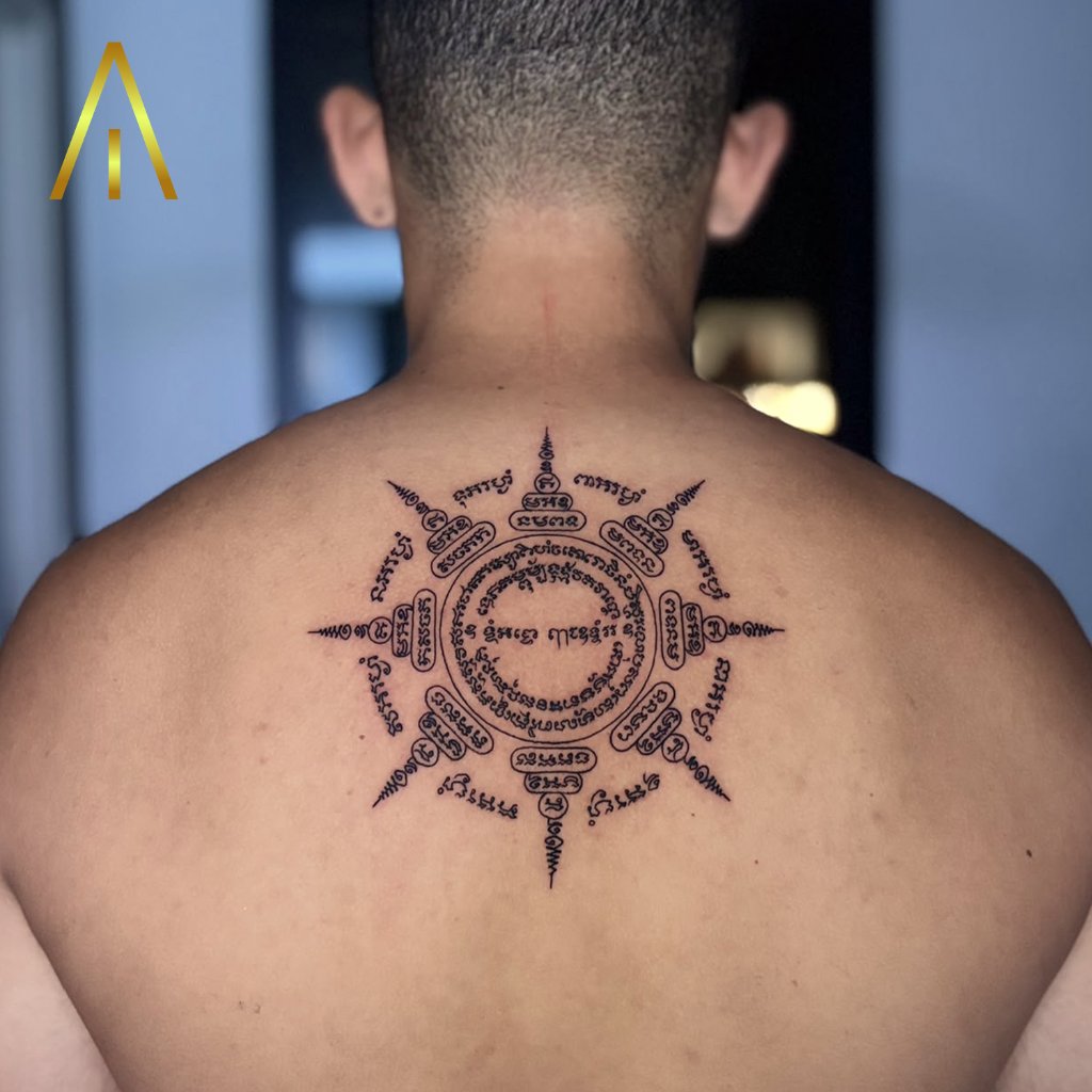 Sak Yant circular script tattoo on upper back Chiang Mai