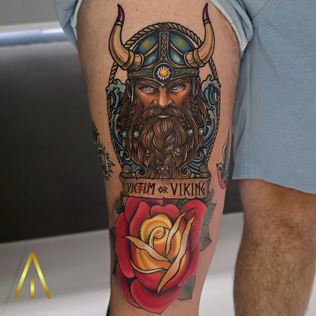 Viking portrait and rose colour thigh tattoo Chiang Mai