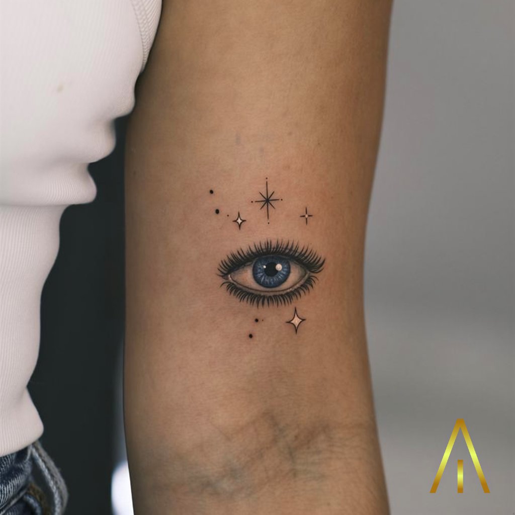 Minimal eye with stars constellation tattoo on upper arm Chiang Mai