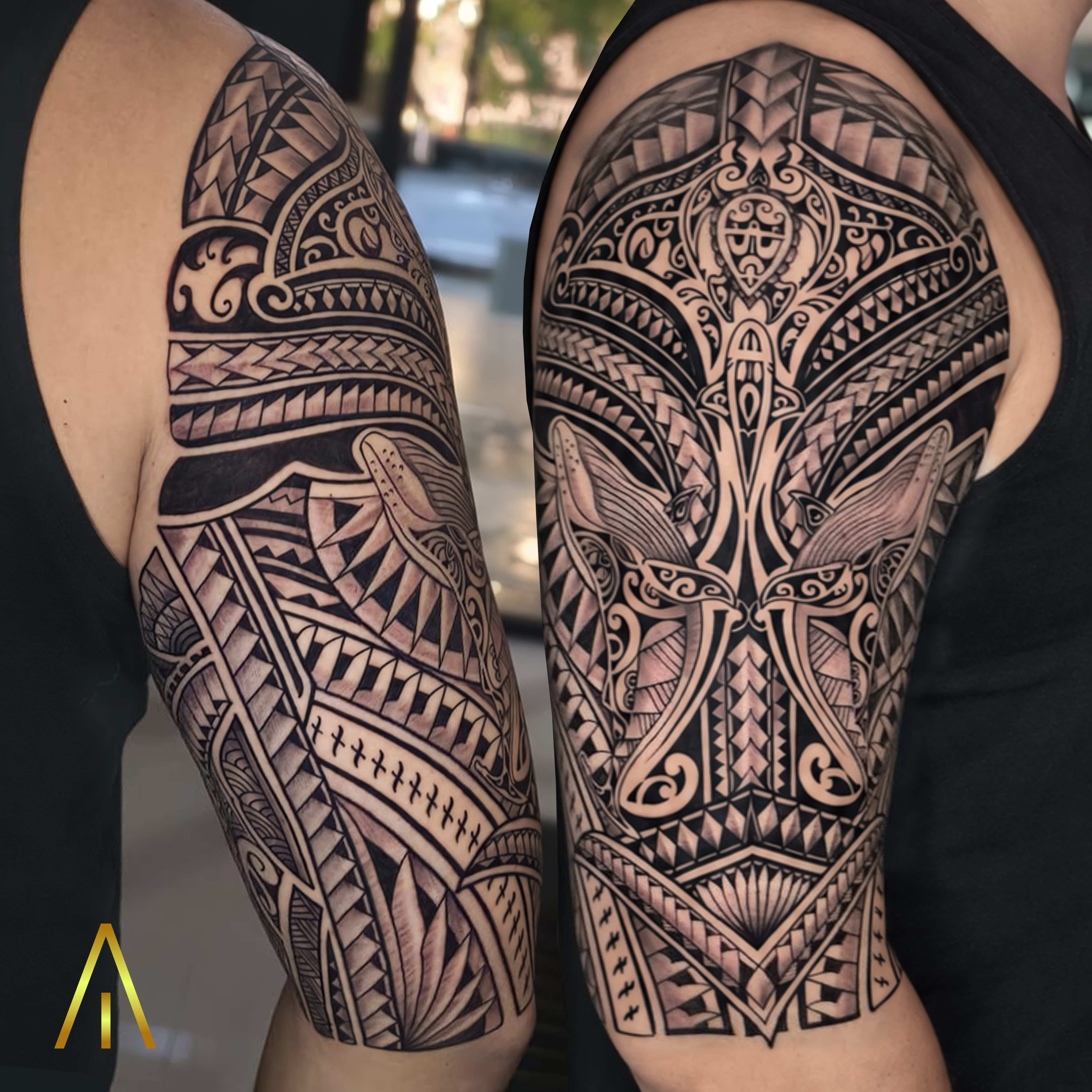 Jean Polynesian geometric tribal shoulder tattoo Chiang Mai