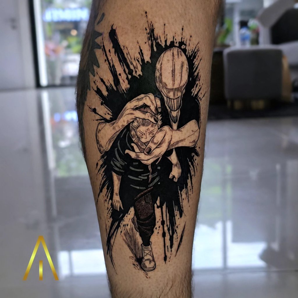 Anime tattoo Jujutsu Kaisen on leg Artisan Ink Chiang Mai
