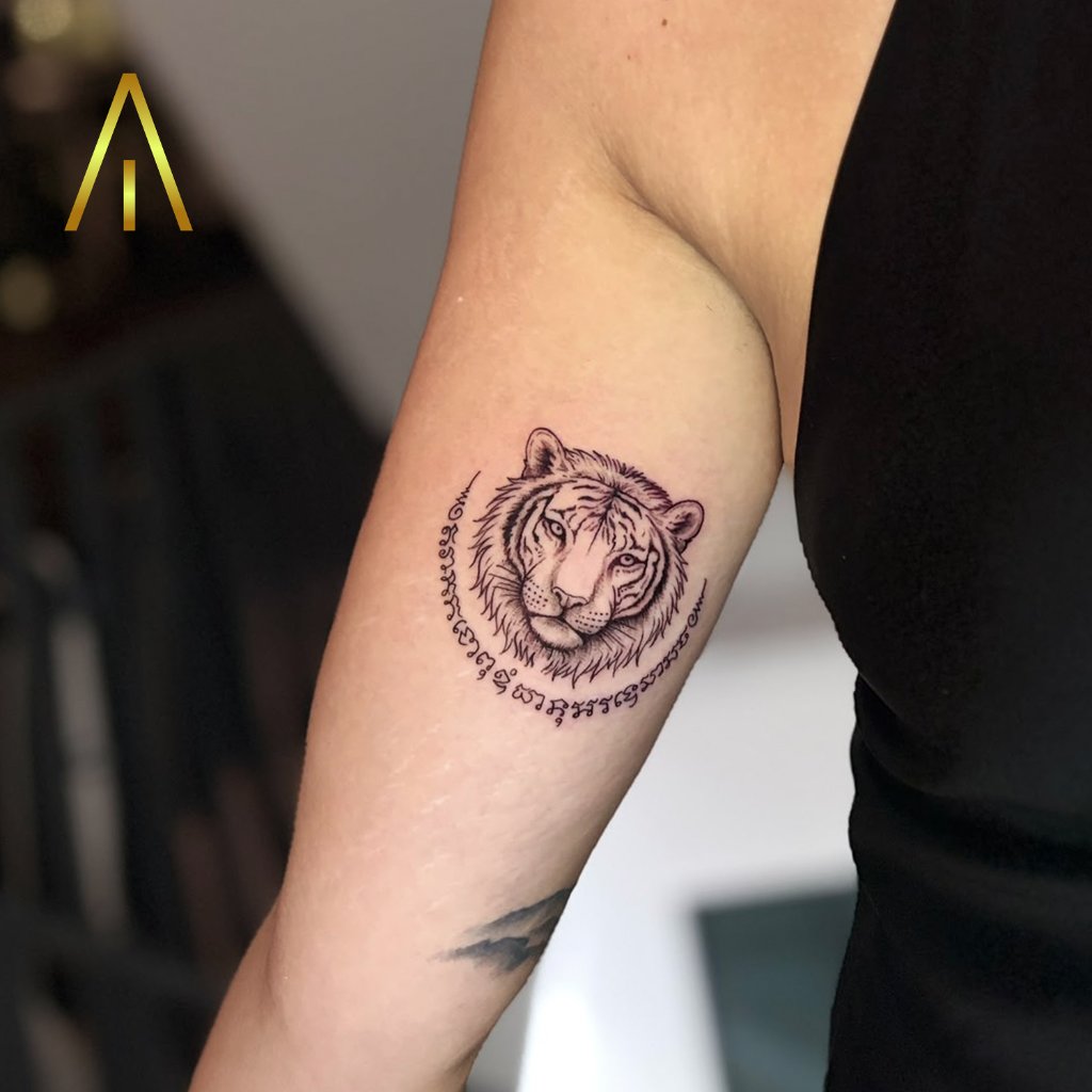 Sak Yant tiger head with script tattoo on upper arm Chiang Mai