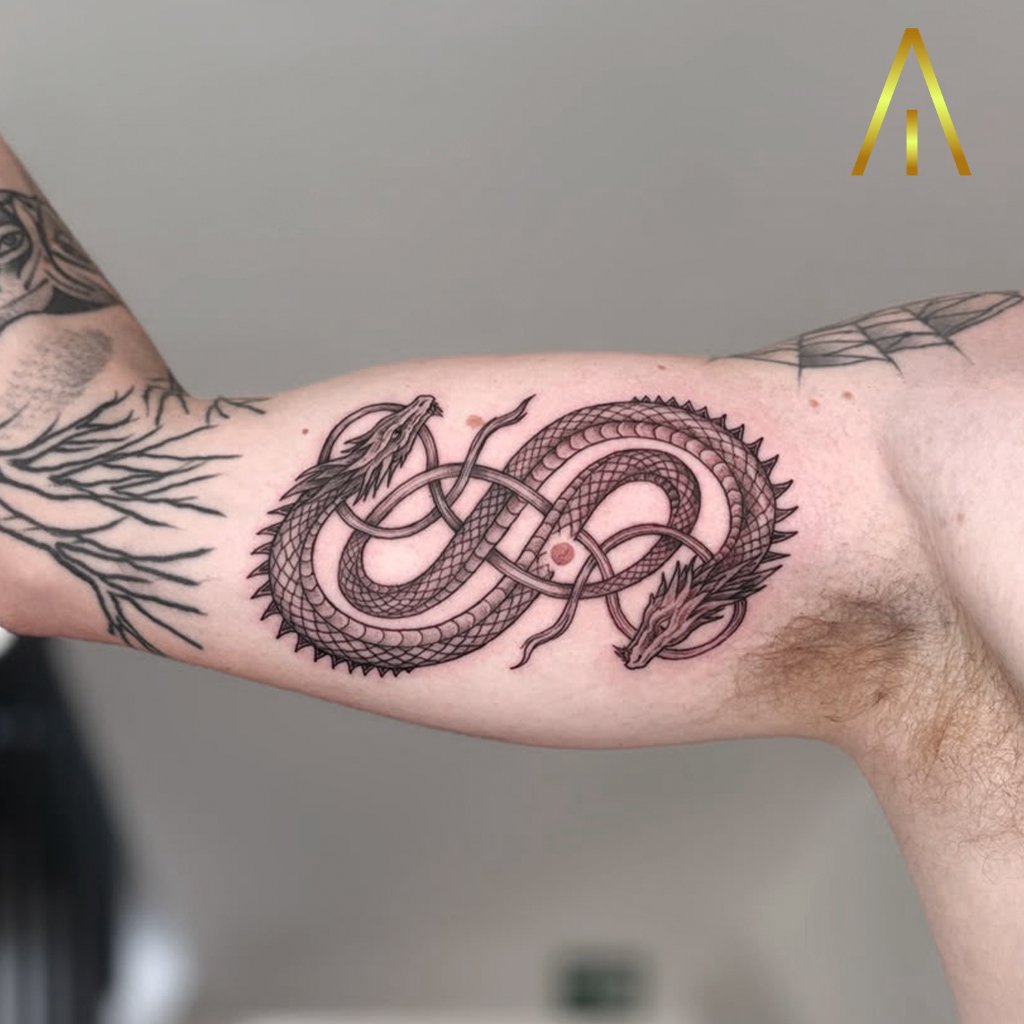 Minimal intertwined dragons infinity tattoo on inner arm Chiang Mai