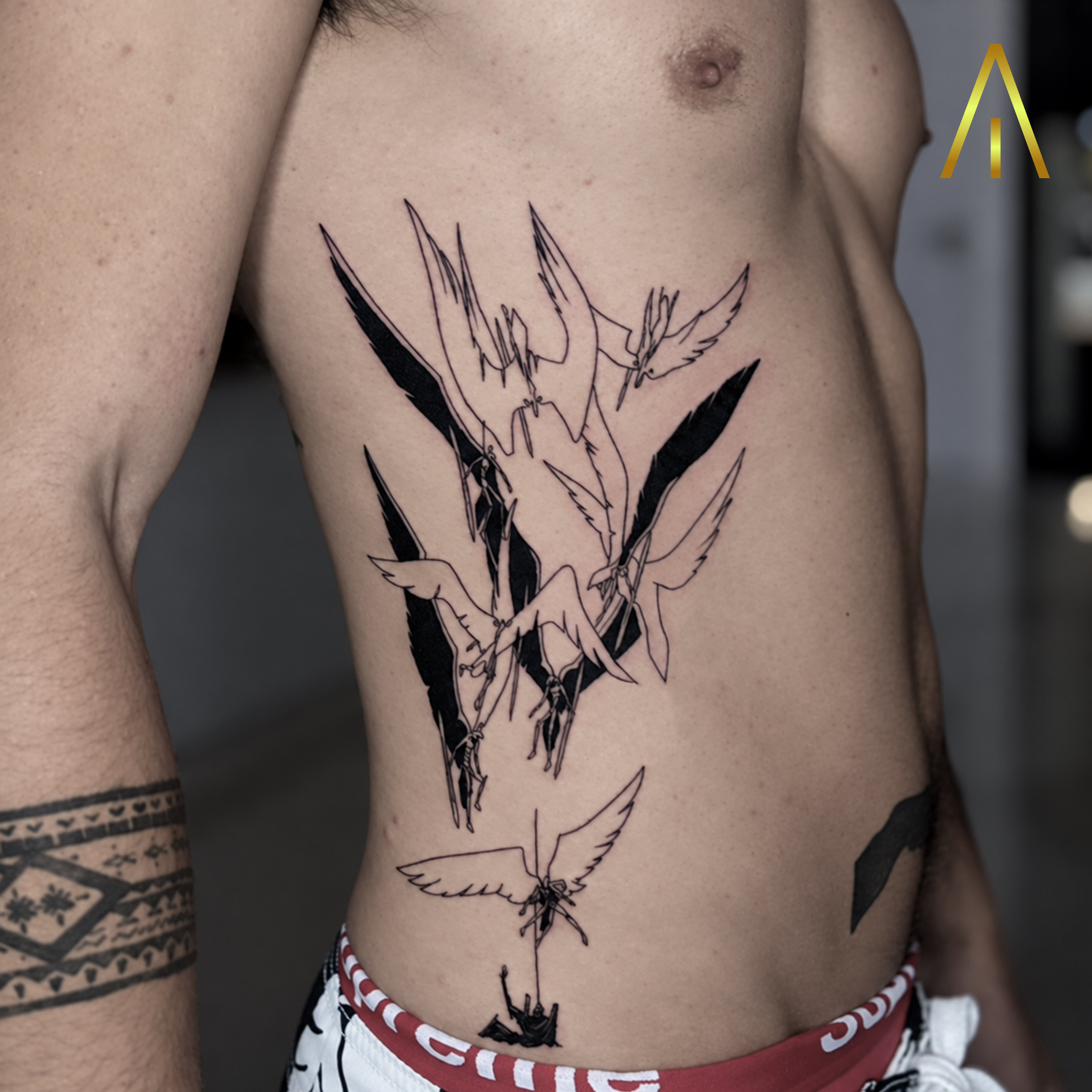 Mimi blackwork birds and feathers ribcage tattoo Chiang Mai