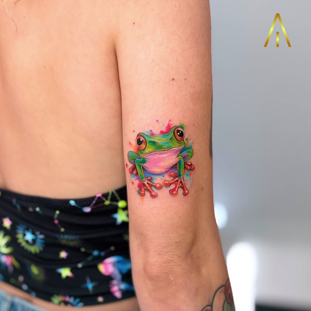 Colour tree frog tattoo on the upper arm by Katie, Artisan Ink Chiang Mai
