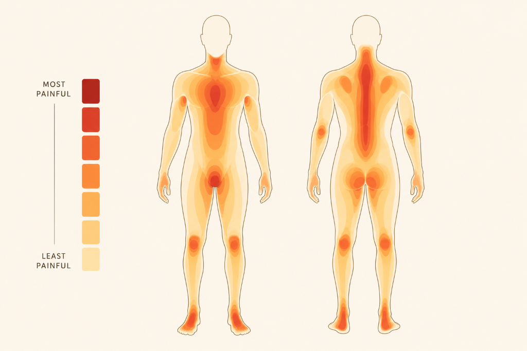 Tattoo pain chart showing most and least painful body areas