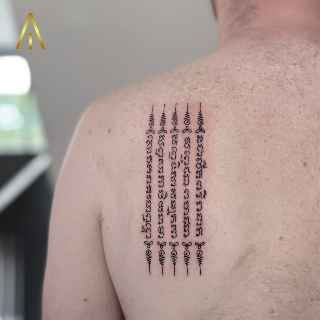 Sak Yant script upper back tattoo Chiang Mai