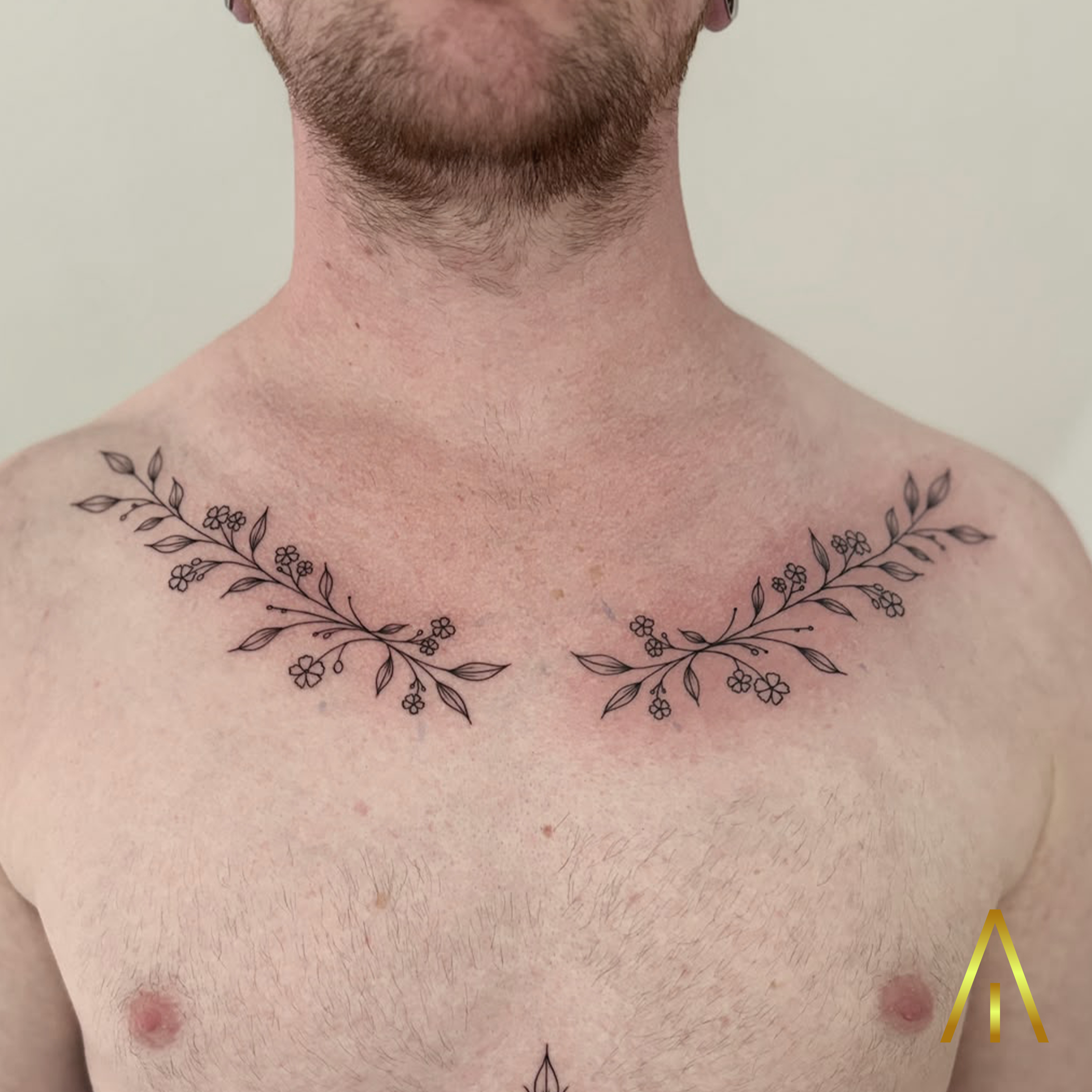 Katie mirrored botanical vine branches fine line collarbone tattoo Chiang Mai