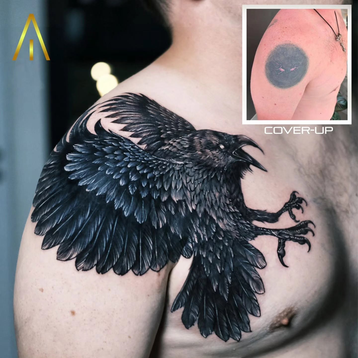 Coverup black and grey raven chest tattoo Chiang Mai