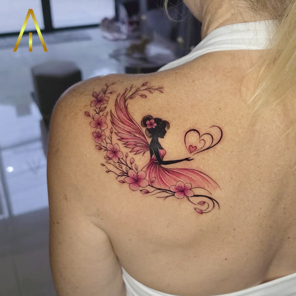 Minimal fairy and cherry blossom tattoo on the upper back by Miaa, Artisan Ink Chiang Mai
