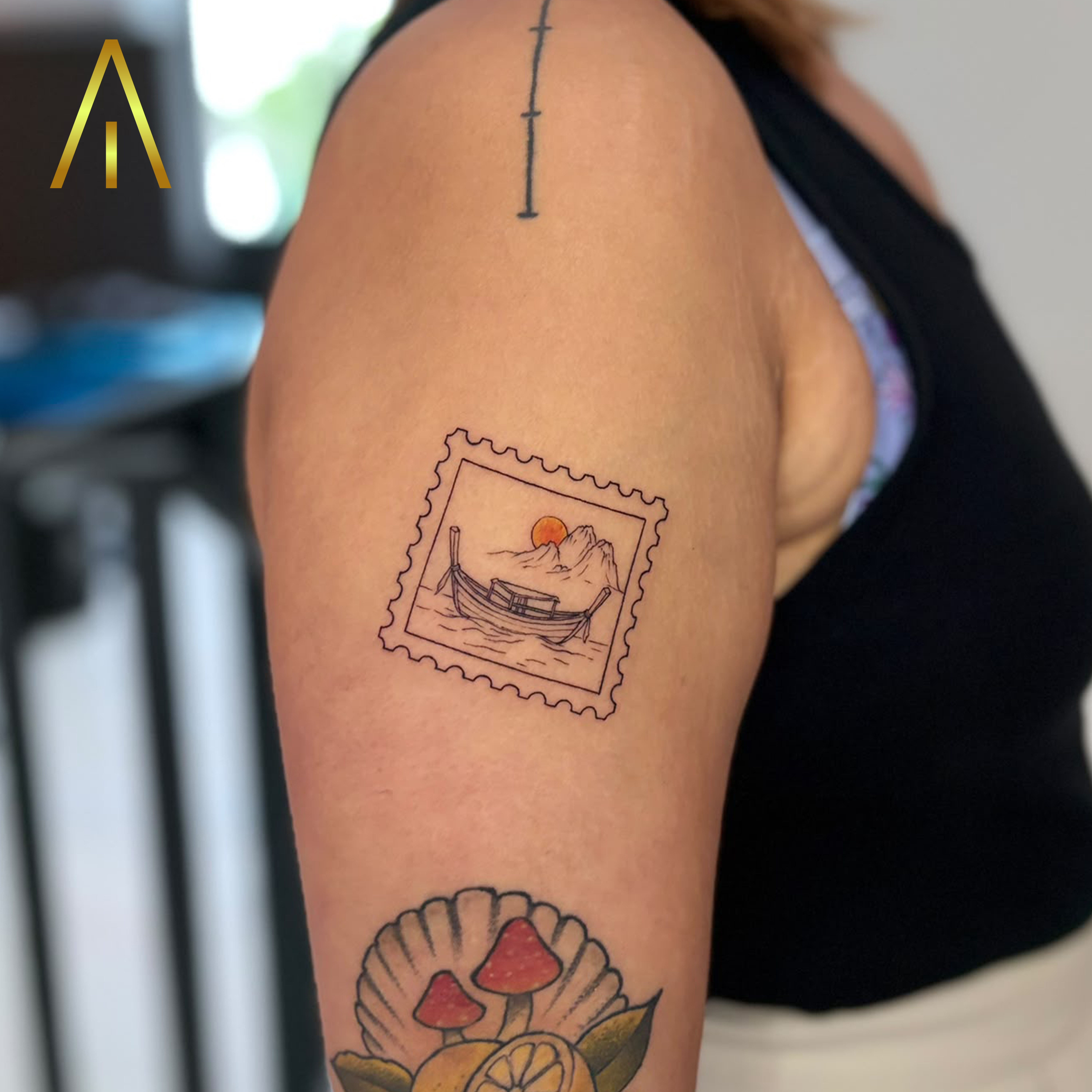 Katie fine line Thai long-tail boat stamp tattoo Chiang Mai