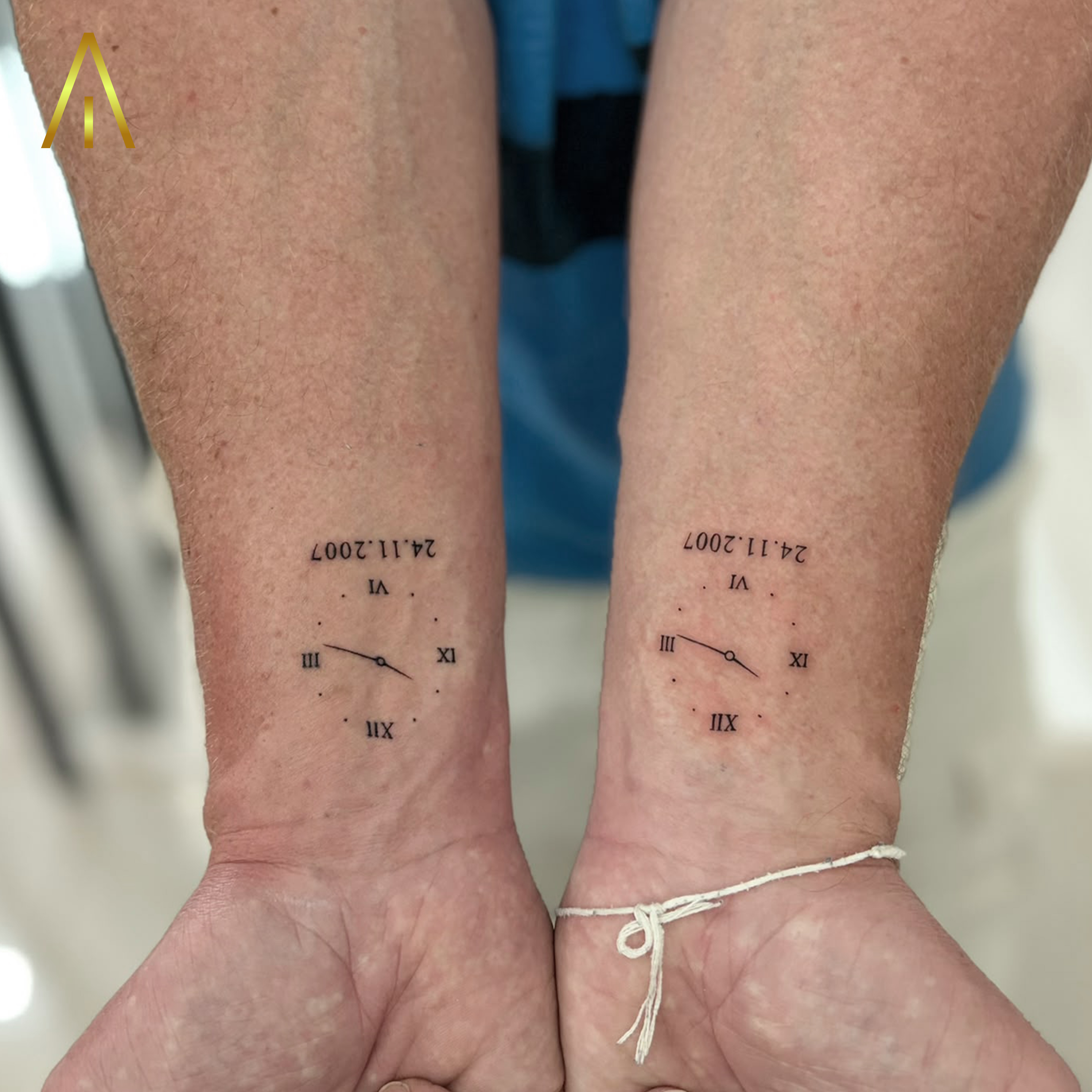 Miaa fine line clock face date wrist tattoo Chiang Mai
