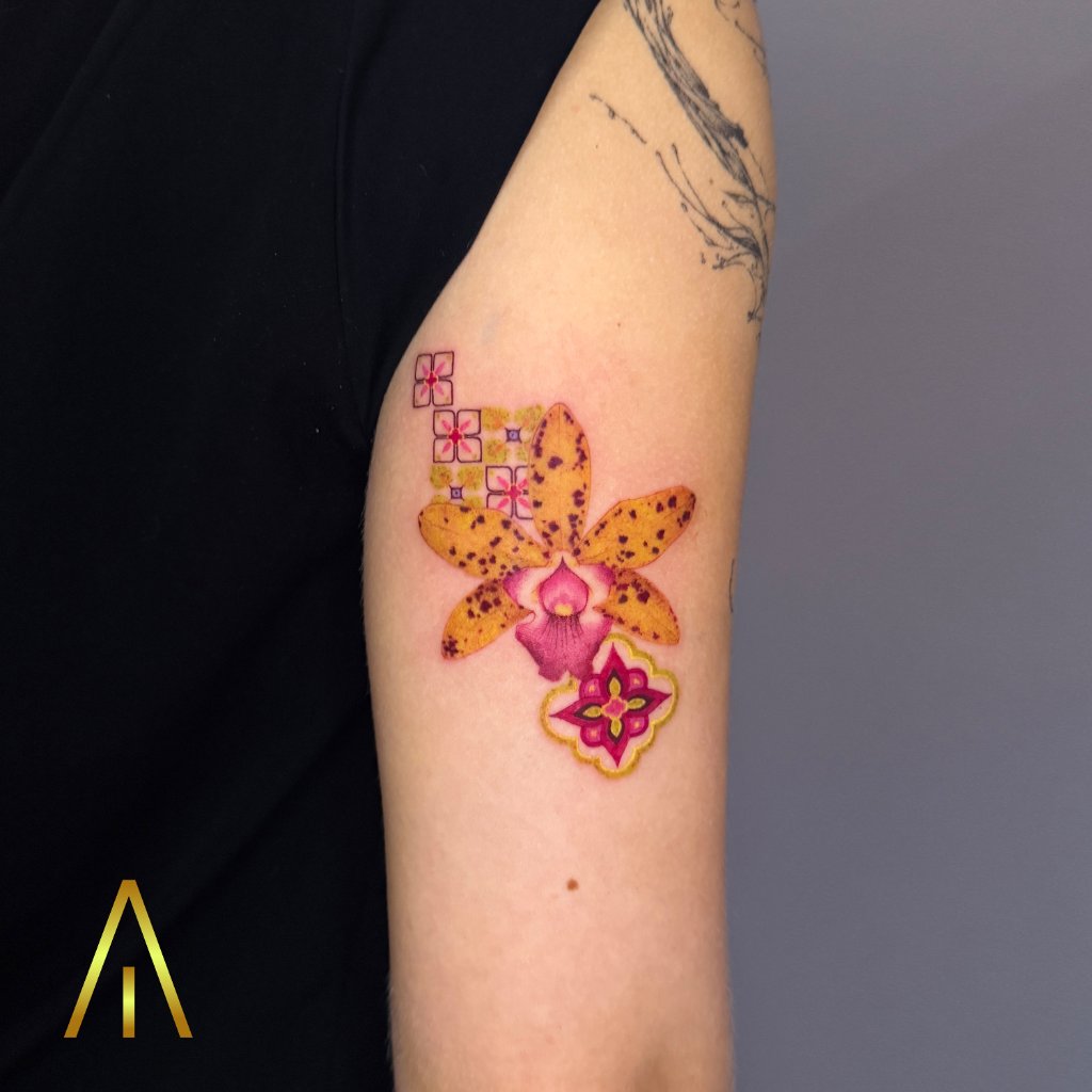 Colour orchid flower with geometric patterns tattoo Chiang Mai