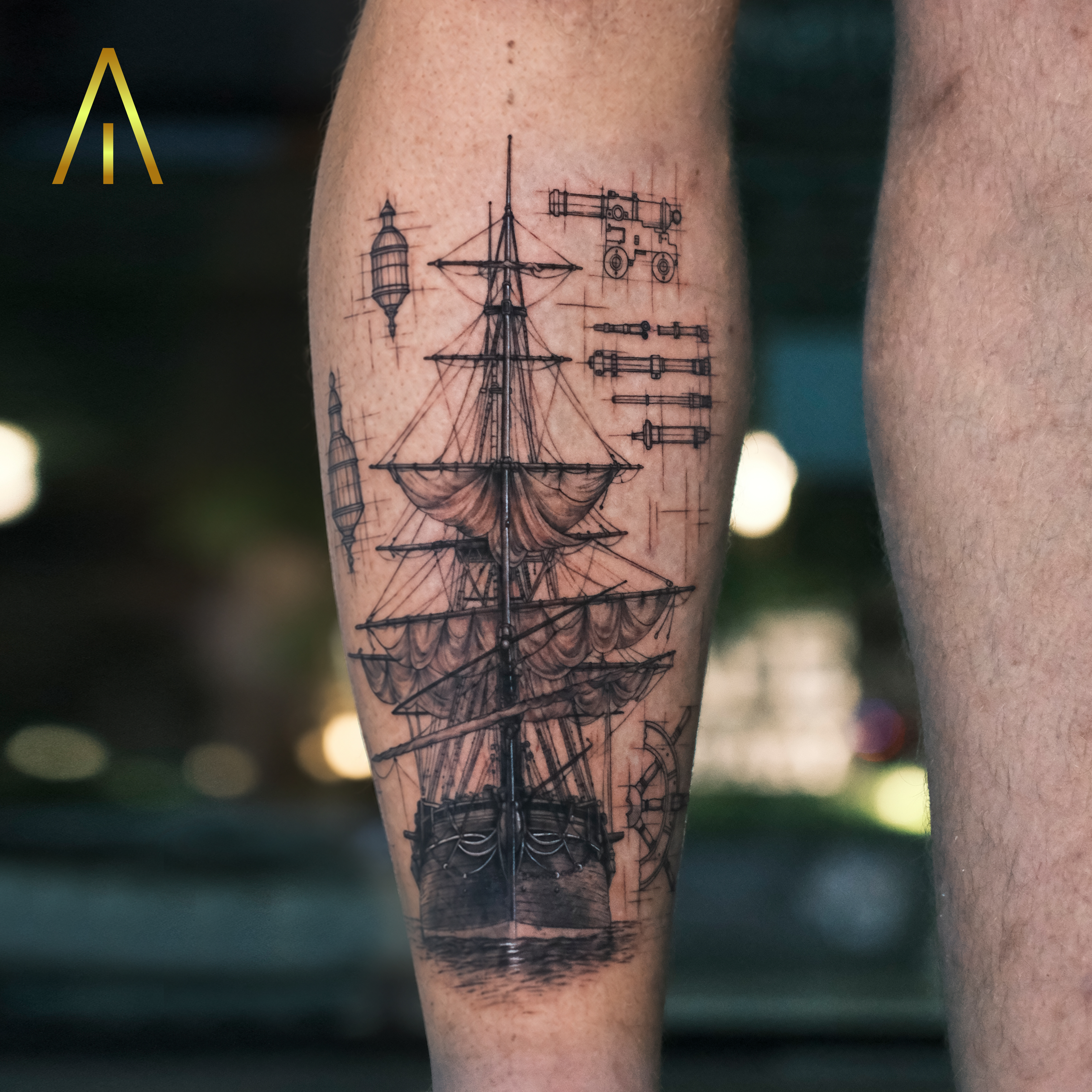 Miaa sailing ship blueprint realistic calf tattoo Chiang Mai