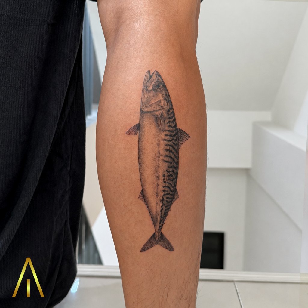 Micro realistic mackerel fish tattoo on forearm Chiang Mai