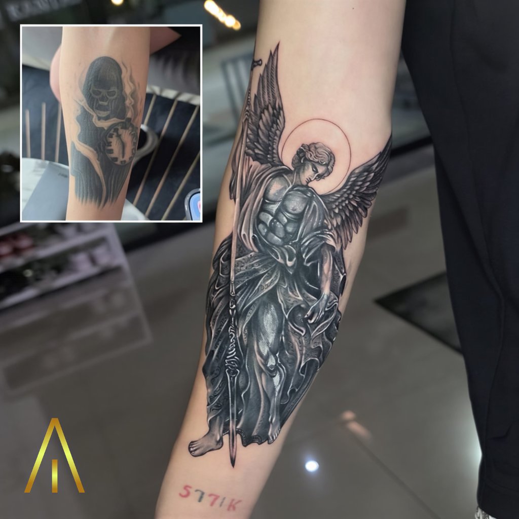 Coverup angel archangel tattoo over grim reaper Chiang Mai
