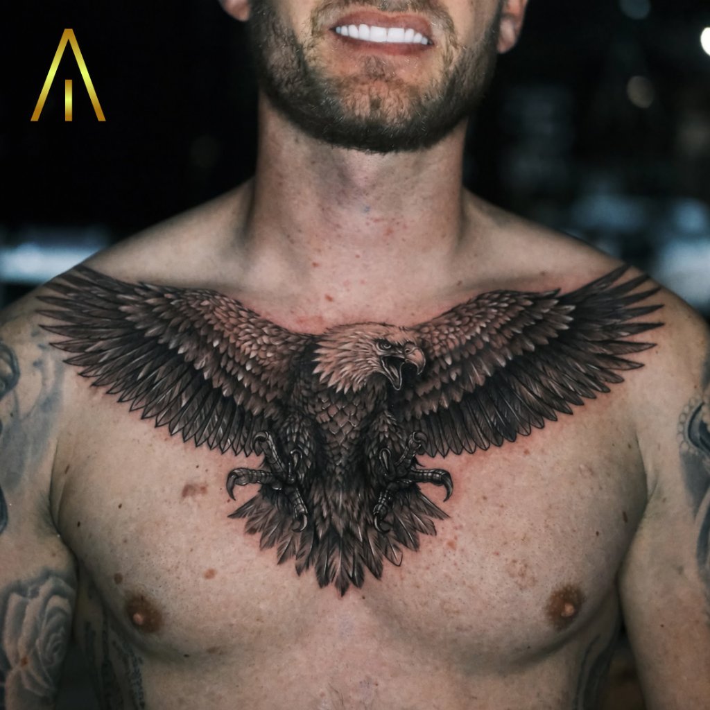 Realistic black and grey eagle chest tattoo Chiang Mai
