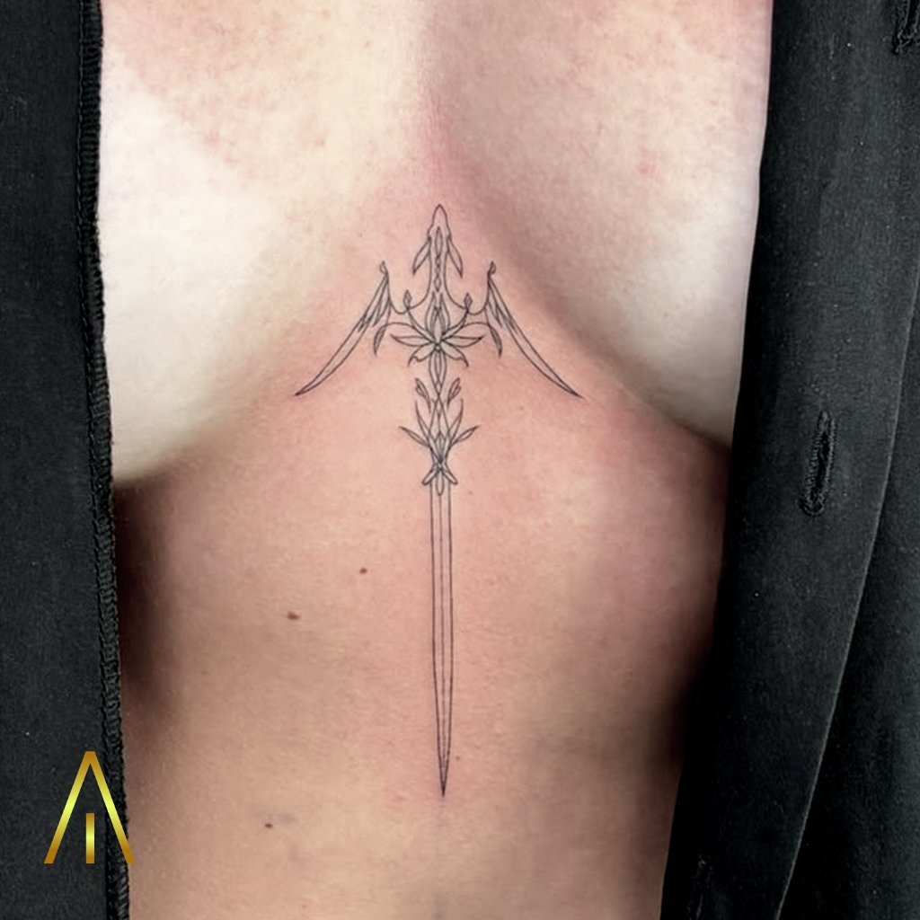 Fine line sword and floral tattoo on the chest, Artisan Ink Chiang Mai