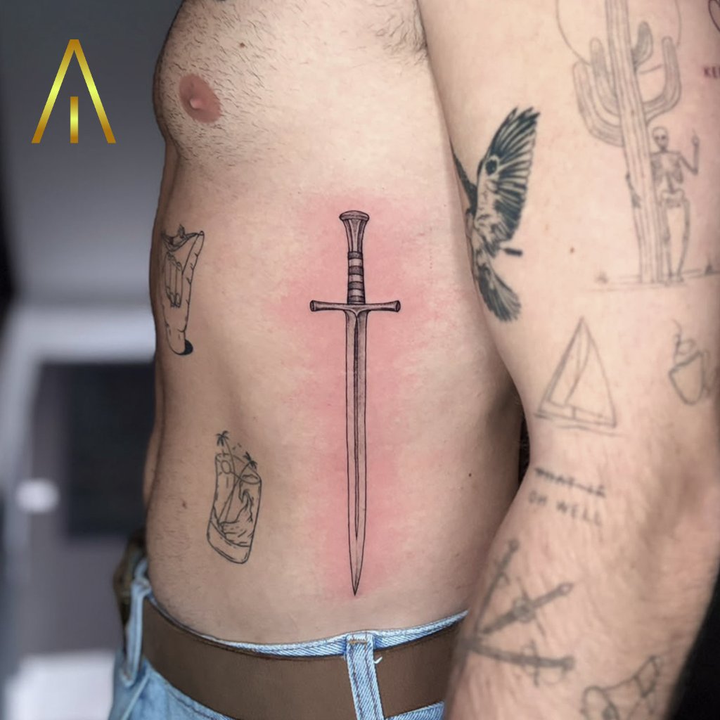 Fine line sword tattoo on ribs Chiang Mai