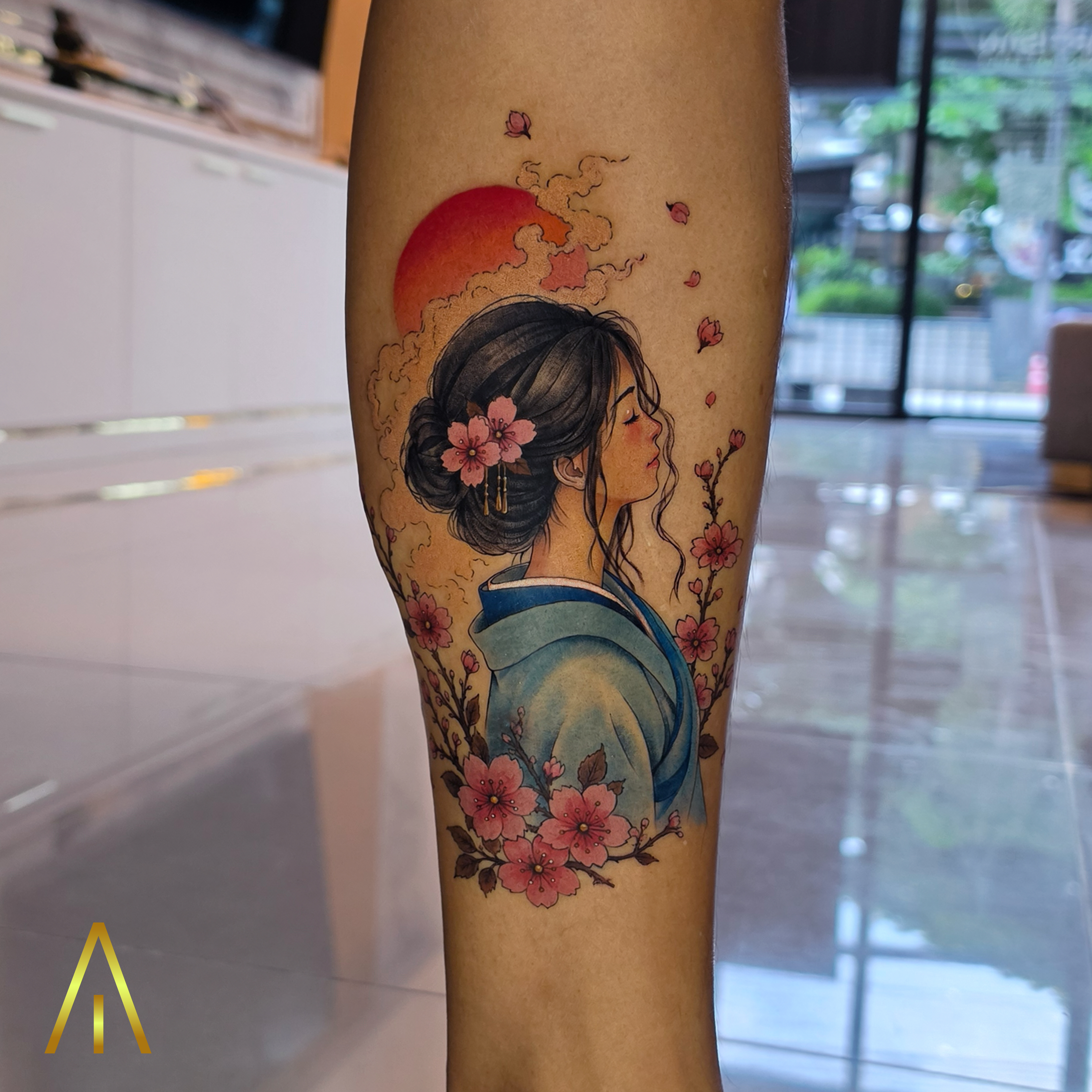 Colour Japanese geisha cherry blossom setting sun calf tattoo Chiang Mai