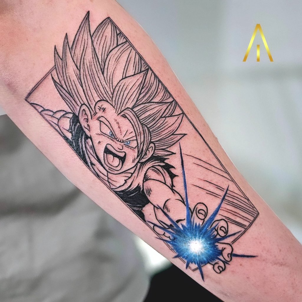 Anime tattoo Dragon Ball Vegeta on forearm Artisan Ink Chiang Mai